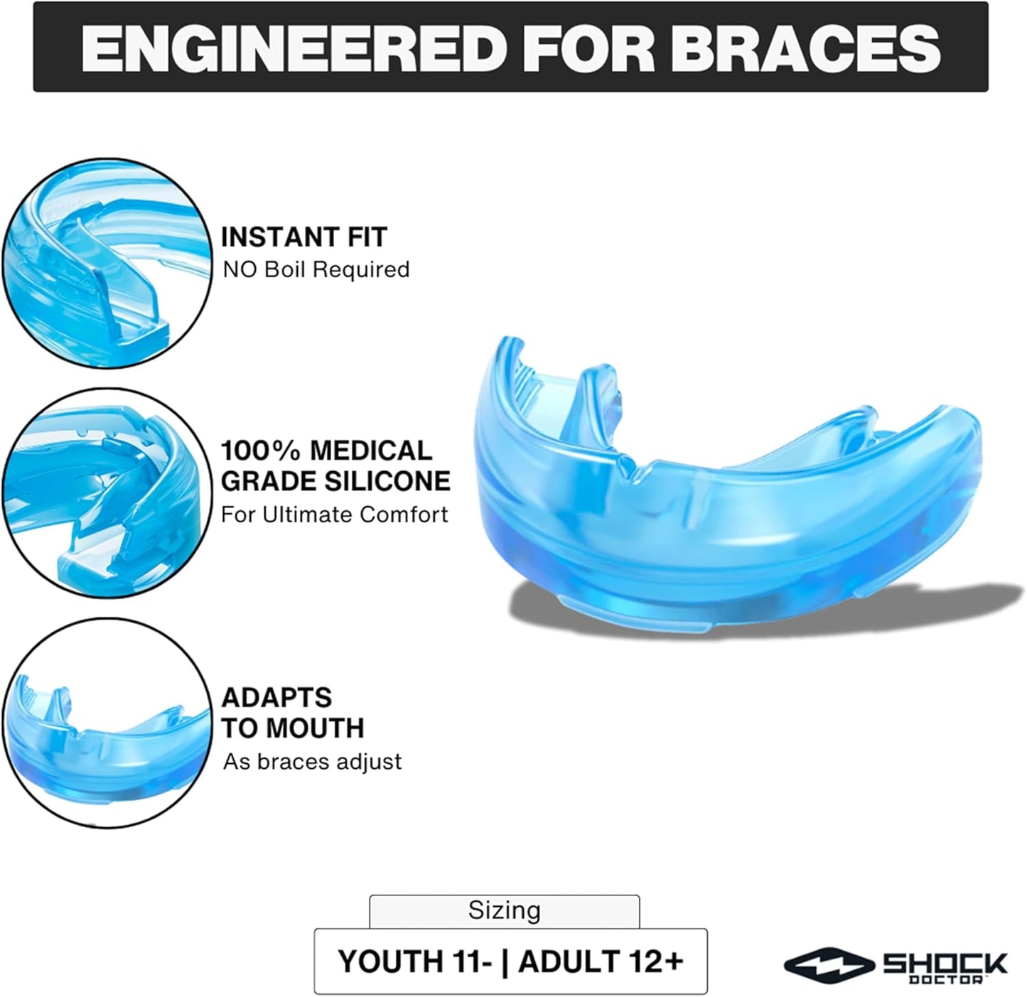 Shock Doctor Orthodontic Mouth Guard for Braces for Sports, Hockey, Lacrosse, Football, Baseball, Braces Mouth Guard, Upper Teeth Protection, Adult & Youth Mouth Guard Sizes