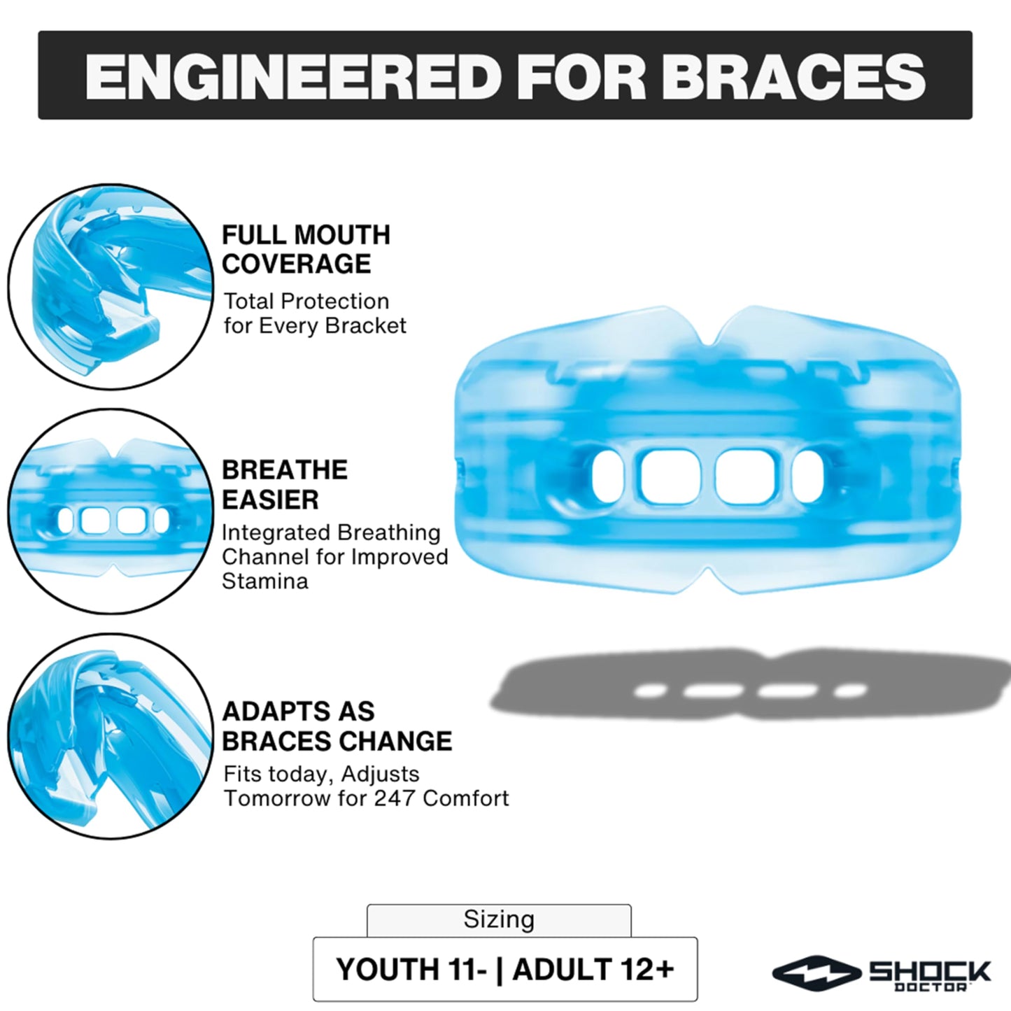 Shock Doctor Braces Football Mouth Guard, Upper & Lower Teeth Protection, Adult/Youth Sizes with Helmet Strap, Mouthguard for Sports, Football, Hockey, Lacrosse, Baseball, Wrestling, More