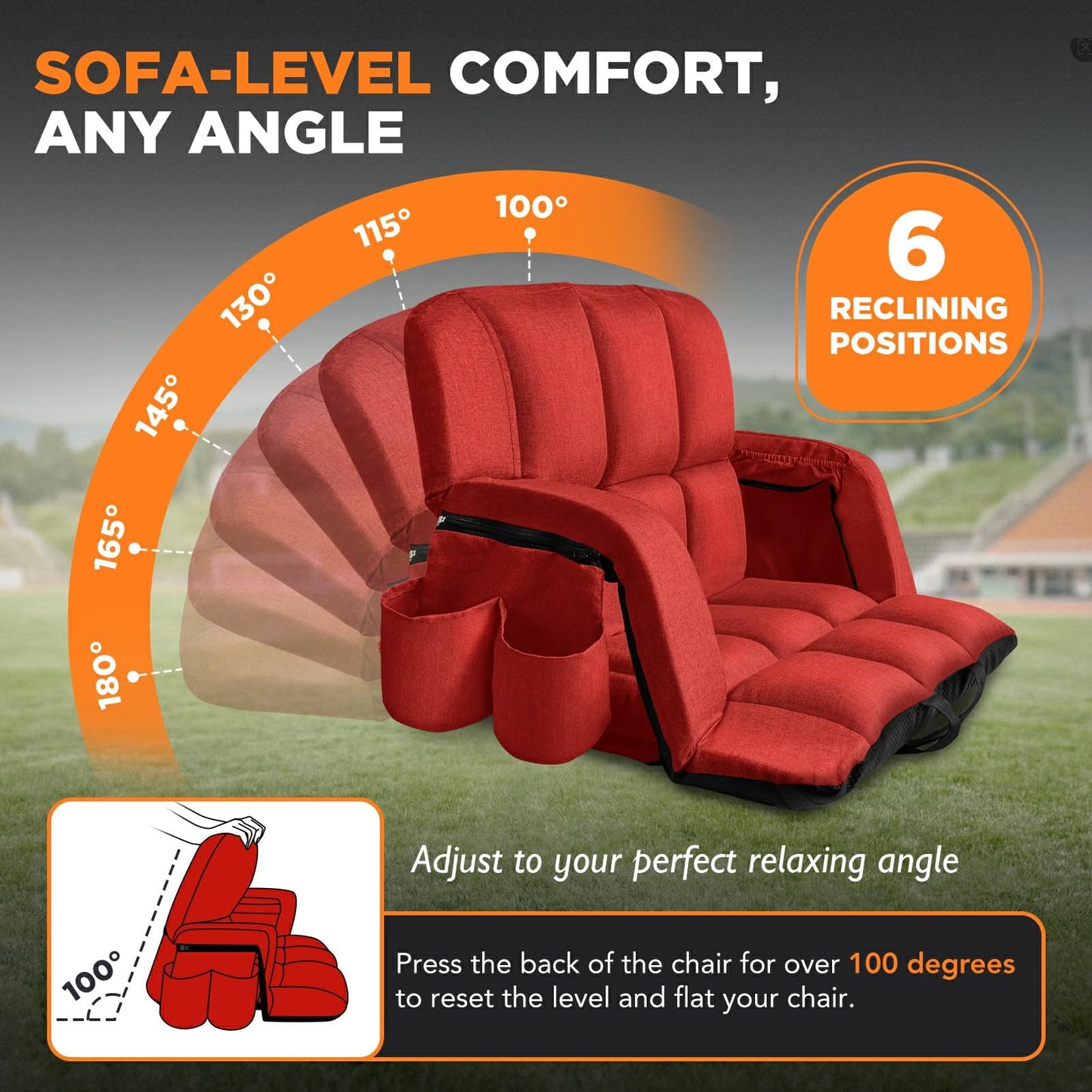 Stadium Seats with Back Support 2 Pack, 12-Grid Ergonomic 4.7" Thick Bleacher Chairs for All-Day Comfort, 6 Reclining Positions, Portable Extra Wide Adjustable Stadium Chair for Football & Baseball
