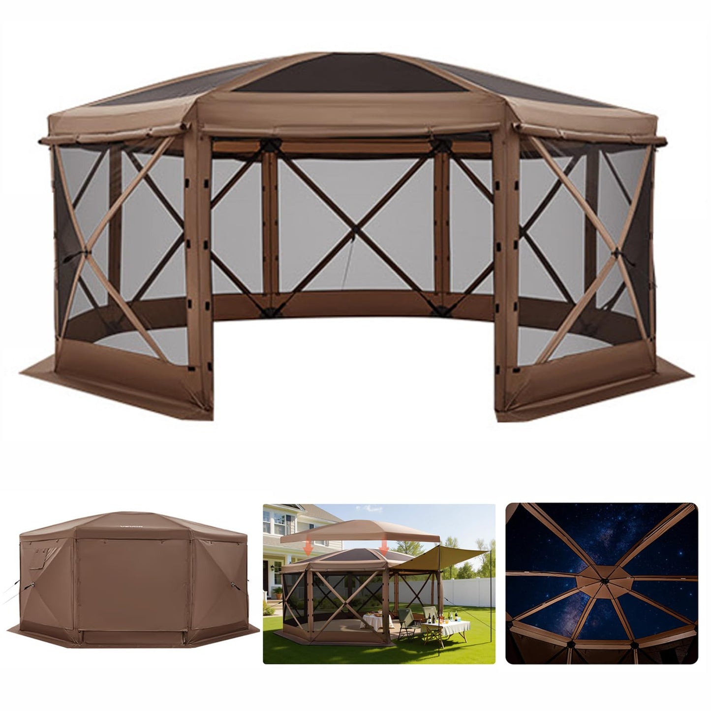 VEVOR Pop Up Gazebo Screen Tent 6 Sided Canopy Sun Shelter with 6 Removable Privacy Wind Cloths & Mesh Windows, 10x10FT Quick Set Screen Tent with Mosquito Netting, Army Green