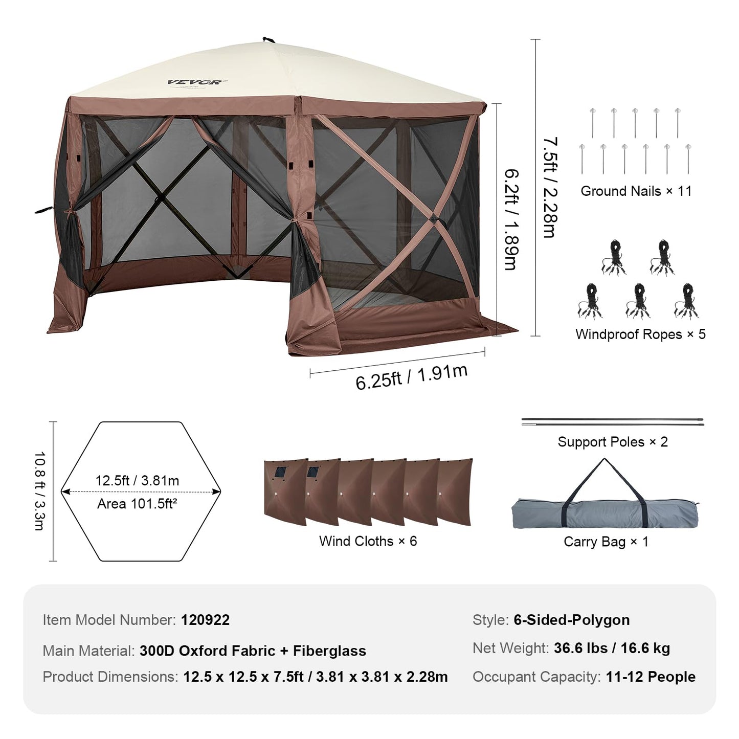 VEVOR Pop Up Gazebo Screen Tent 6 Sided Canopy Sun Shelter with 6 Removable Privacy Wind Cloths & Mesh Windows, 10x10FT Quick Set Screen Tent with Mosquito Netting, Army Green