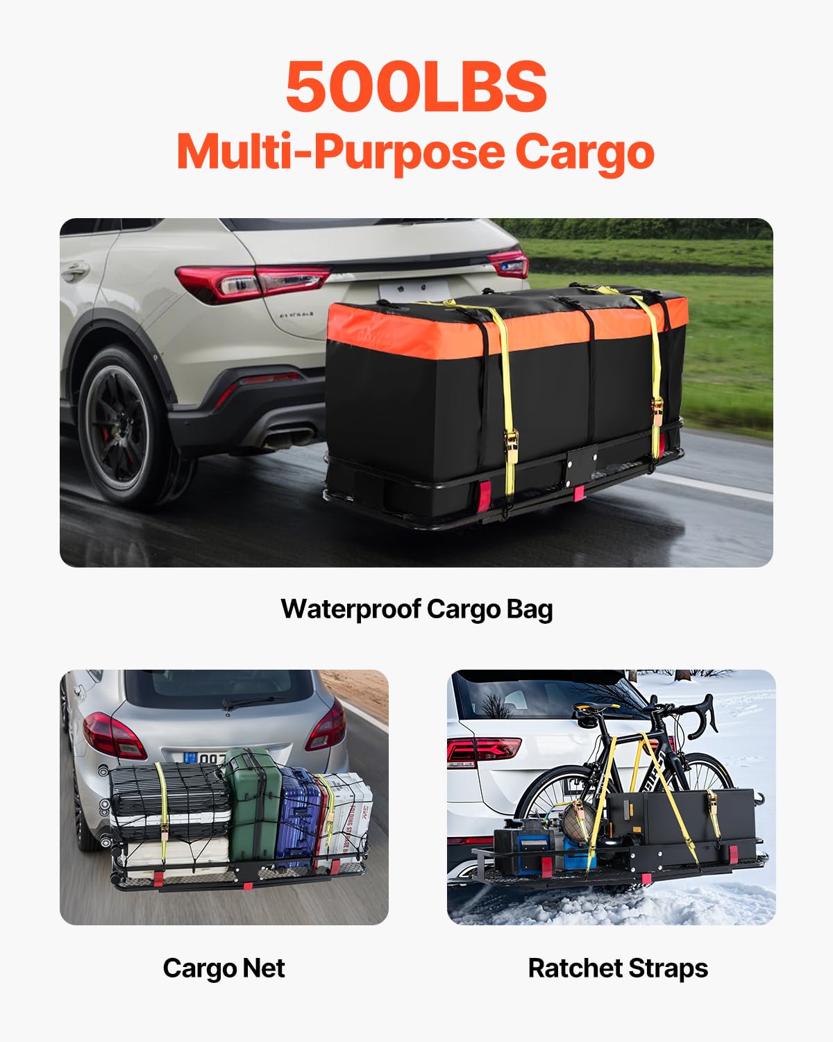 VEVOR 60x24x6 Folding Hitch Carrier - 500lb Capacity Cargo Basket & Waterproof Bag, Fits 2" Hitch Receiver for SUV, Truck, Pickup