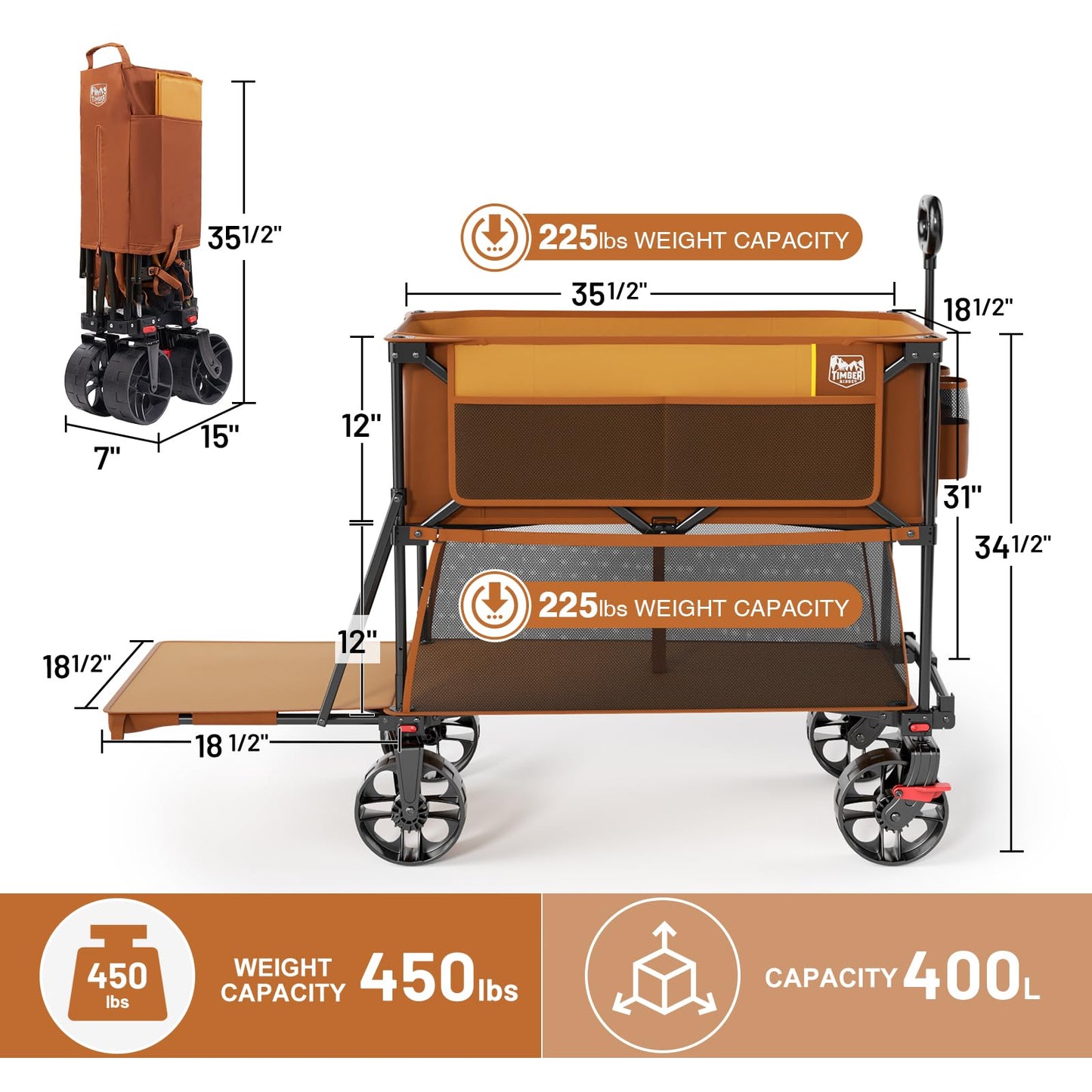 TIMBER RIDGE 400L Large Capacity Folding Double Decker Wagon with Brakes, 54" Extra Long Extender Wagon Cart, 450lbs Heavy Duty Collapsible Cart, All-Terrain Big Wheels for Camping, Sports, Shopping