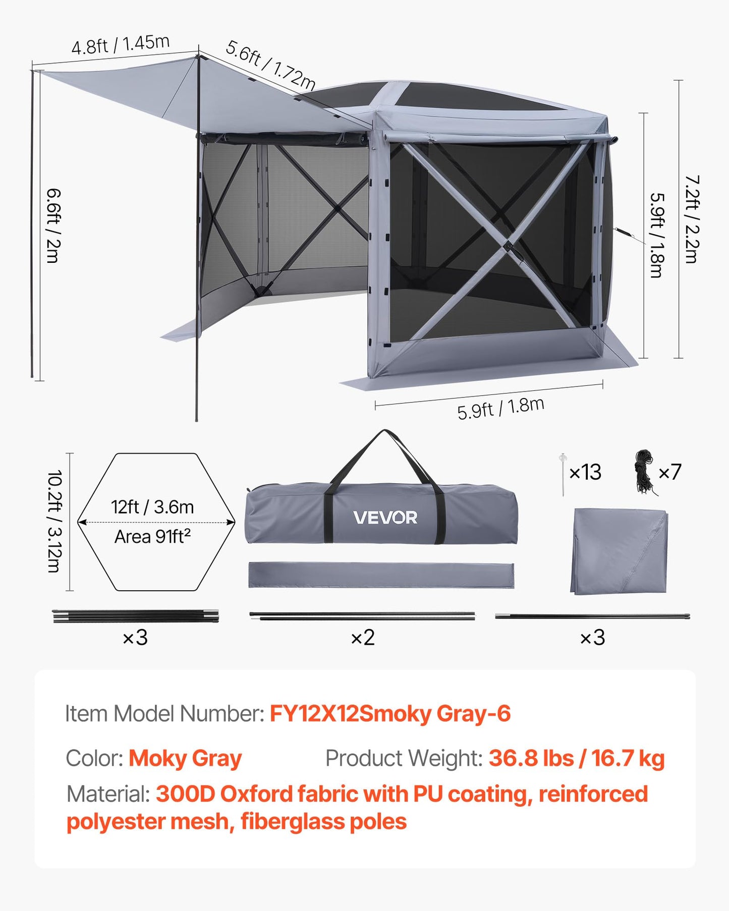 VEVOR Pop Up Gazebo Screen Tent 6 Sided Canopy Sun Shelter with 6 Removable Privacy Wind Cloths & Mesh Windows, 10x10FT Quick Set Screen Tent with Mosquito Netting, Army Green