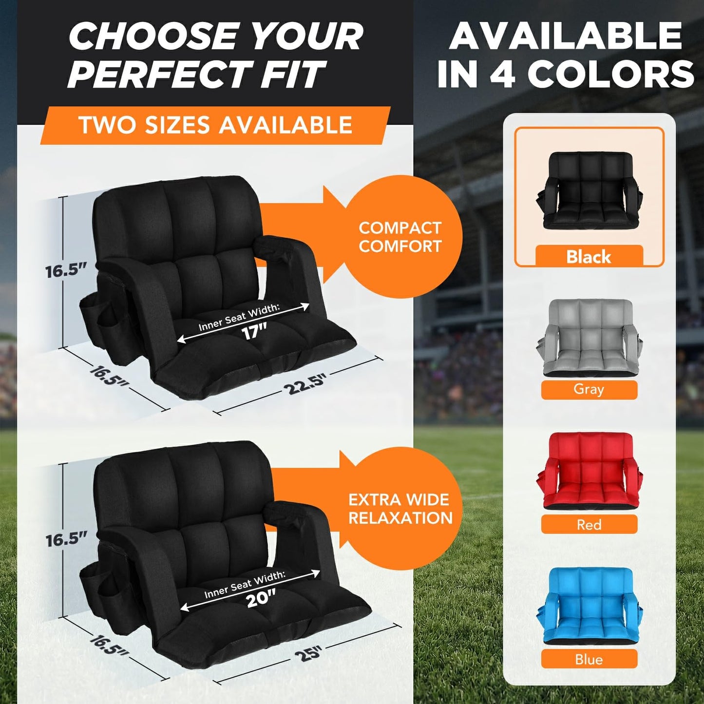 Stadium Seats with Back Support 2 Pack, 12-Grid Ergonomic 4.7" Thick Bleacher Chairs for All-Day Comfort, 6 Reclining Positions, Portable Extra Wide Adjustable Stadium Chair for Football & Baseball
