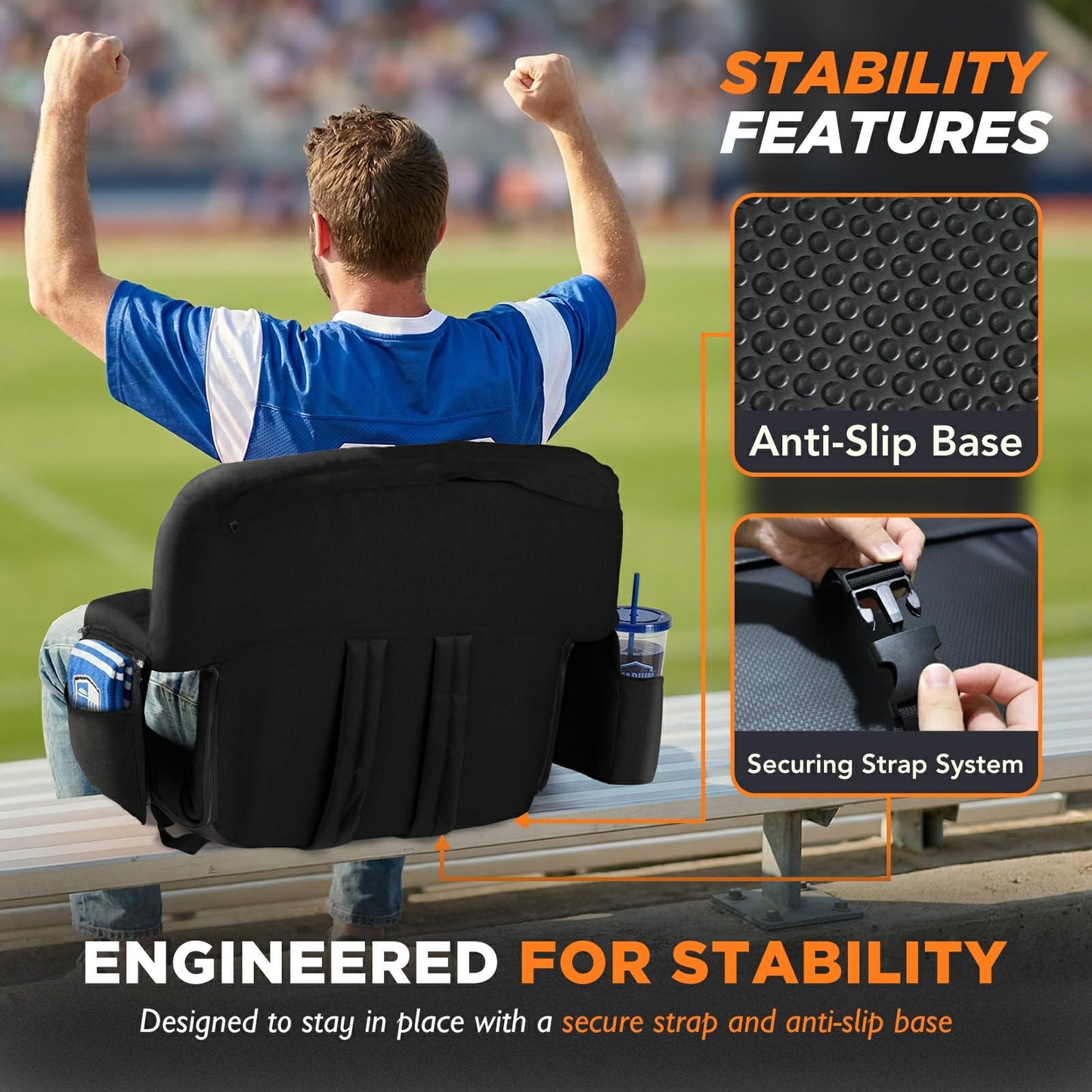 Stadium Seats with Back Support 2 Pack, 12-Grid Ergonomic 4.7" Thick Bleacher Chairs for All-Day Comfort, 6 Reclining Positions, Portable Extra Wide Adjustable Stadium Chair for Football & Baseball
