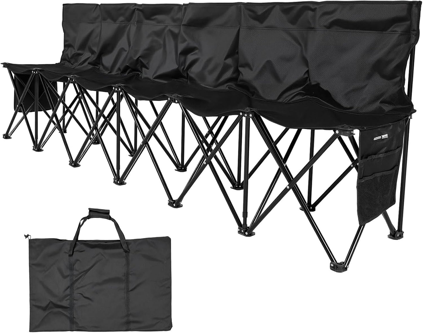 VEVOR Portable Folding Bench, 6 Seat Soccer Bench with Multiple Storage Pockets & Carrying Bag, Lightweight Sideline Seating with Back Rest for Football, Baseball, Camping, Outdoor Events, Black