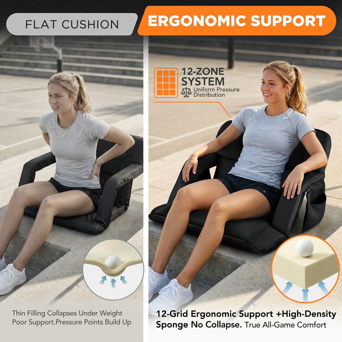 Stadium Seats with Back Support 2 Pack, 12-Grid Ergonomic 4.7" Thick Bleacher Chairs for All-Day Comfort, 6 Reclining Positions, Portable Extra Wide Adjustable Stadium Chair for Football & Baseball