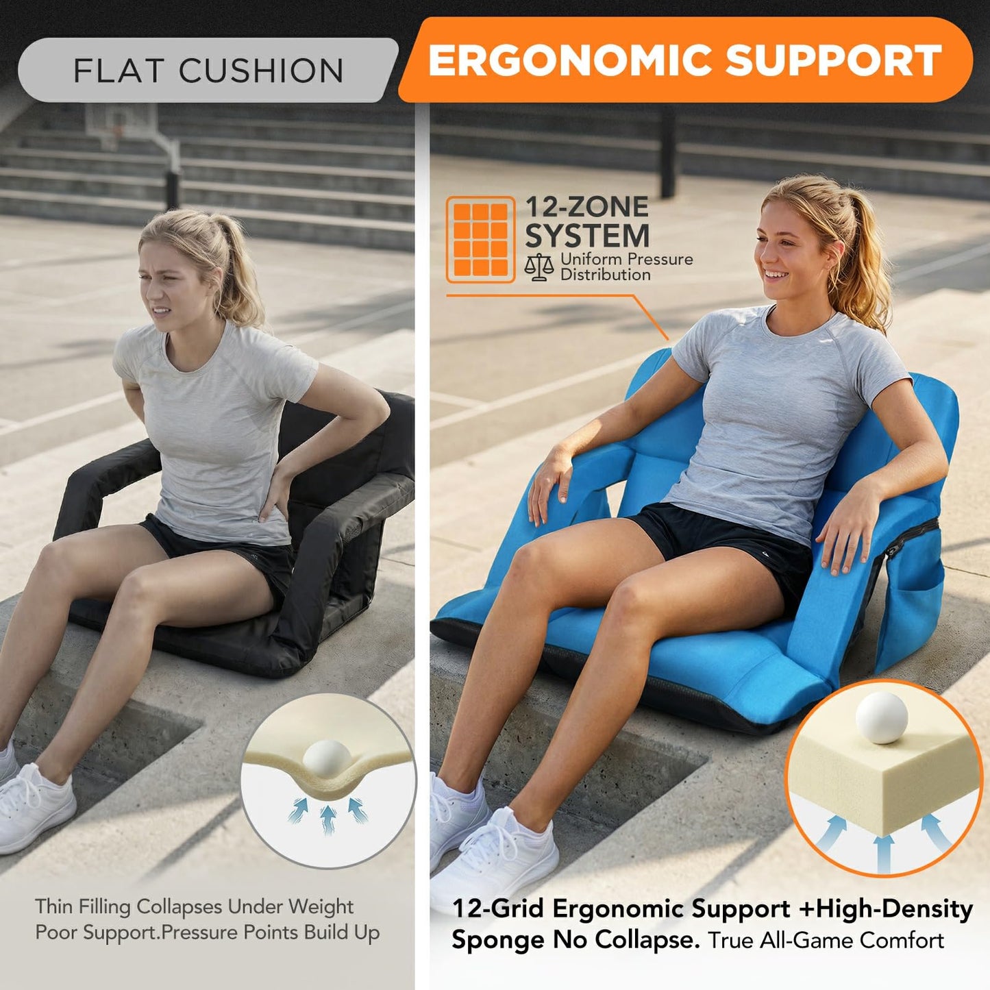 Stadium Seats with Back Support 2 Pack, 12-Grid Ergonomic 4.7" Thick Bleacher Chairs for All-Day Comfort, 6 Reclining Positions, Portable Extra Wide Adjustable Stadium Chair for Football & Baseball