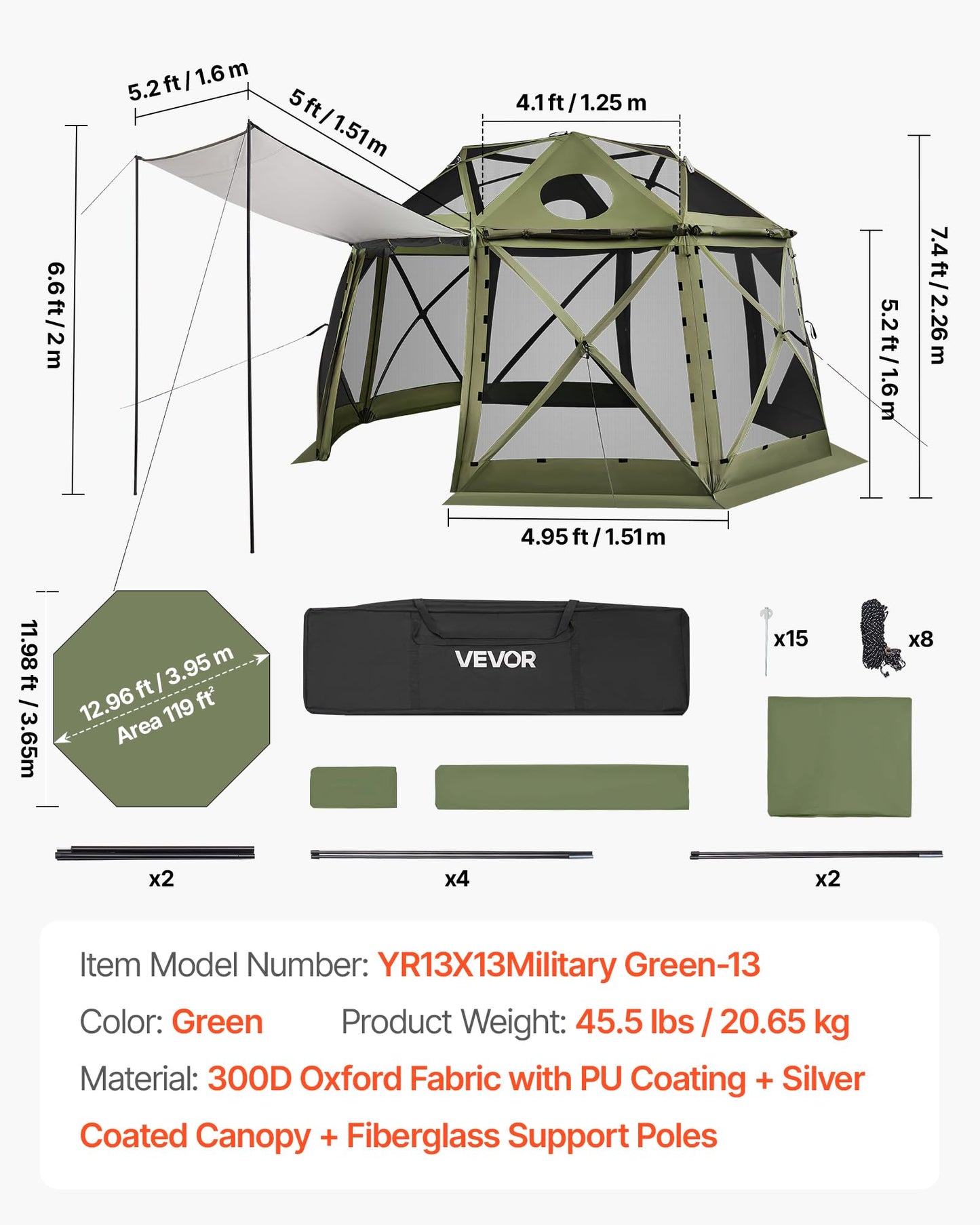 VEVOR Pop Up Gazebo Screen Tent 6 Sided Canopy Sun Shelter with 6 Removable Privacy Wind Cloths & Mesh Windows, 10x10FT Quick Set Screen Tent with Mosquito Netting, Army Green