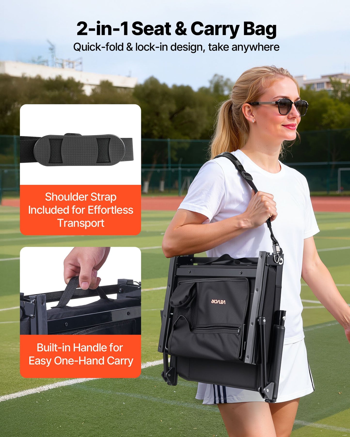 Stadium Seat, Portable Bleacher Seat With Armrest, Back Support And Thick Cushion, Bench Chair For Bleacher Includes Shoulder Strap, Hooks, Cup Holder, Black Football Bleachers Seats, 1PCS