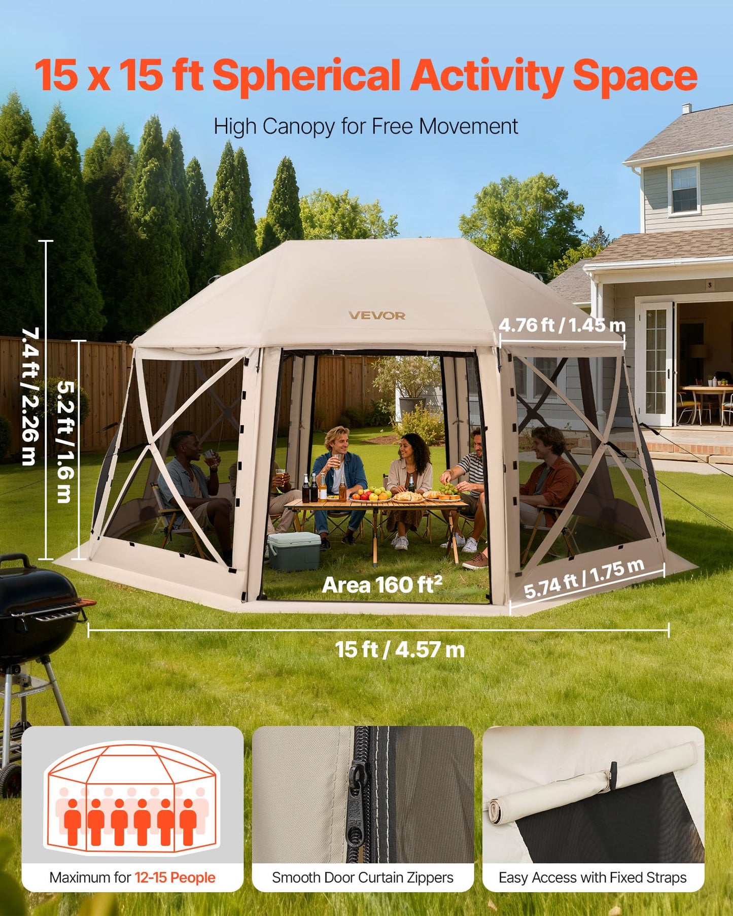 VEVOR Pop Up Gazebo Screen Tent 6 Sided Canopy Sun Shelter with 6 Removable Privacy Wind Cloths & Mesh Windows, 10x10FT Quick Set Screen Tent with Mosquito Netting, Army Green