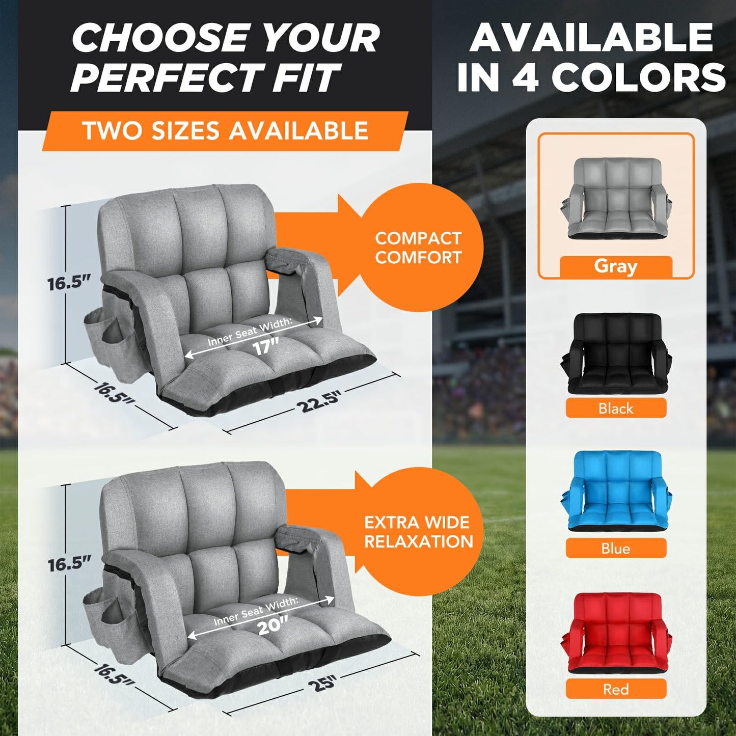 Stadium Seats with Back Support 2 Pack, 12-Grid Ergonomic 4.7" Thick Bleacher Chairs for All-Day Comfort, 6 Reclining Positions, Portable Extra Wide Adjustable Stadium Chair for Football & Baseball