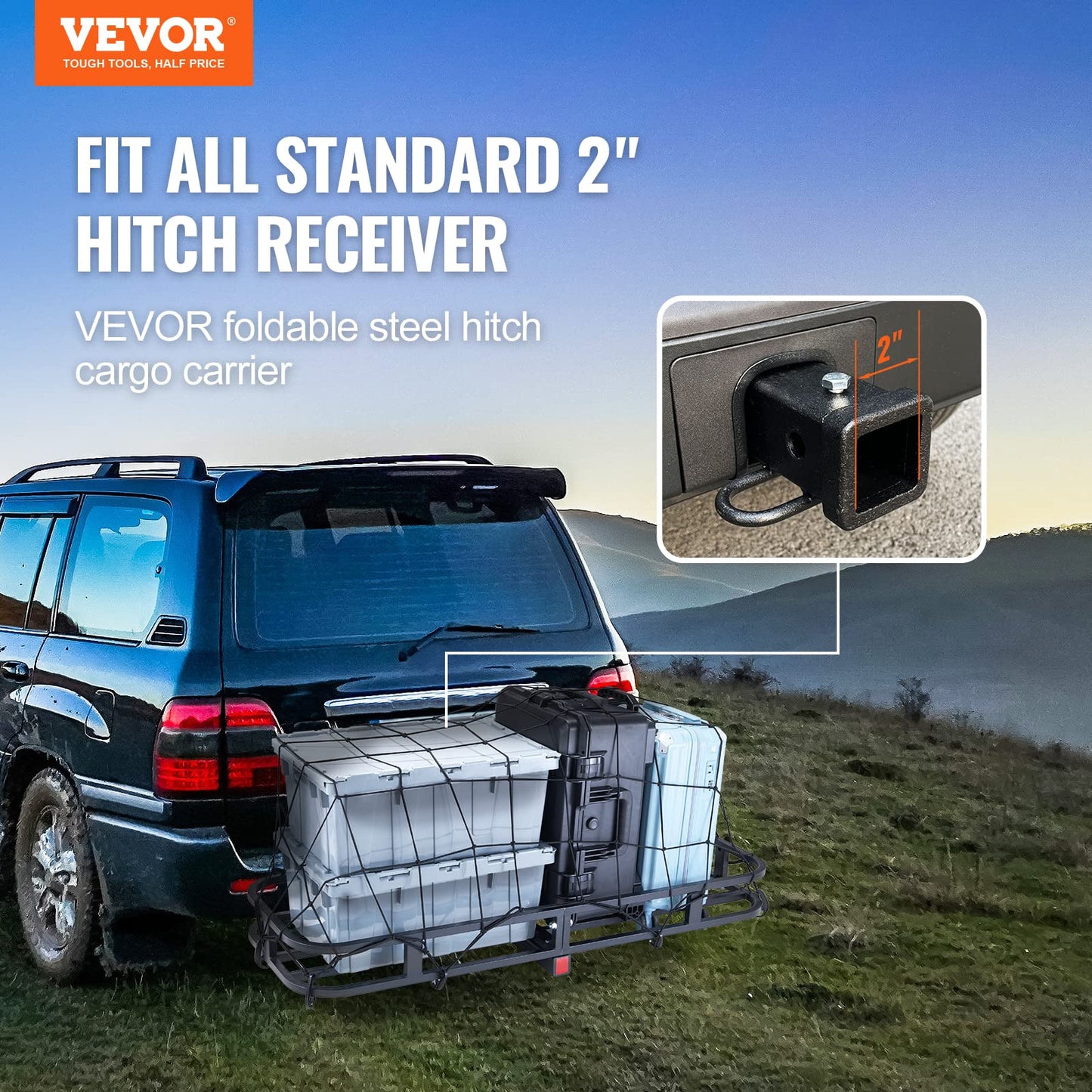 VEVOR 60x24x6 Folding Hitch Carrier - 500lb Capacity Cargo Basket & Waterproof Bag, Fits 2" Hitch Receiver for SUV, Truck, Pickup