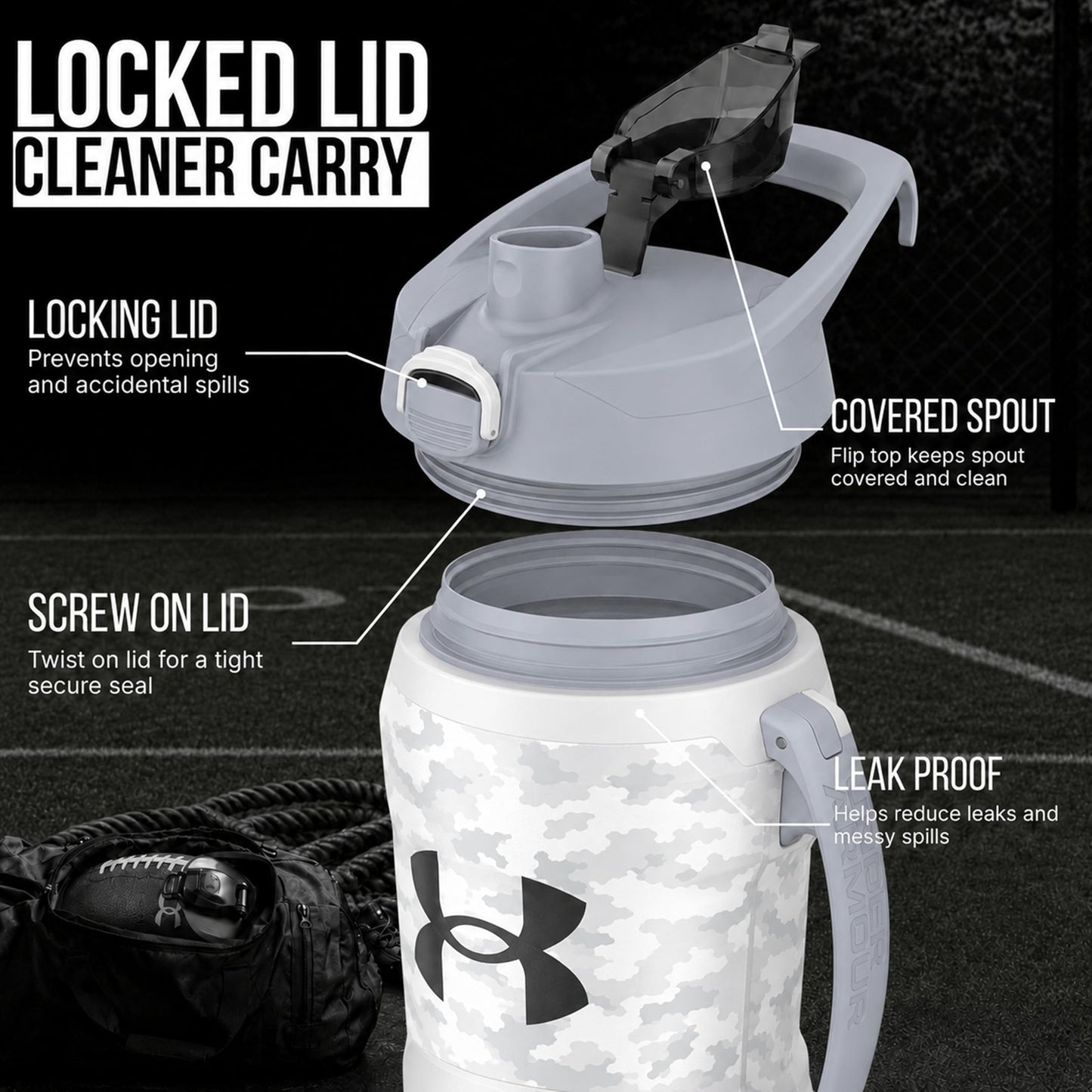 Under Armour Insulated Water Bottle with Handle & Fence Hook, Half Gallon Sports Water Jug, Leak-Resistant & BPA-Free for Baseball, Football & Gym - Black/Black, 64oz