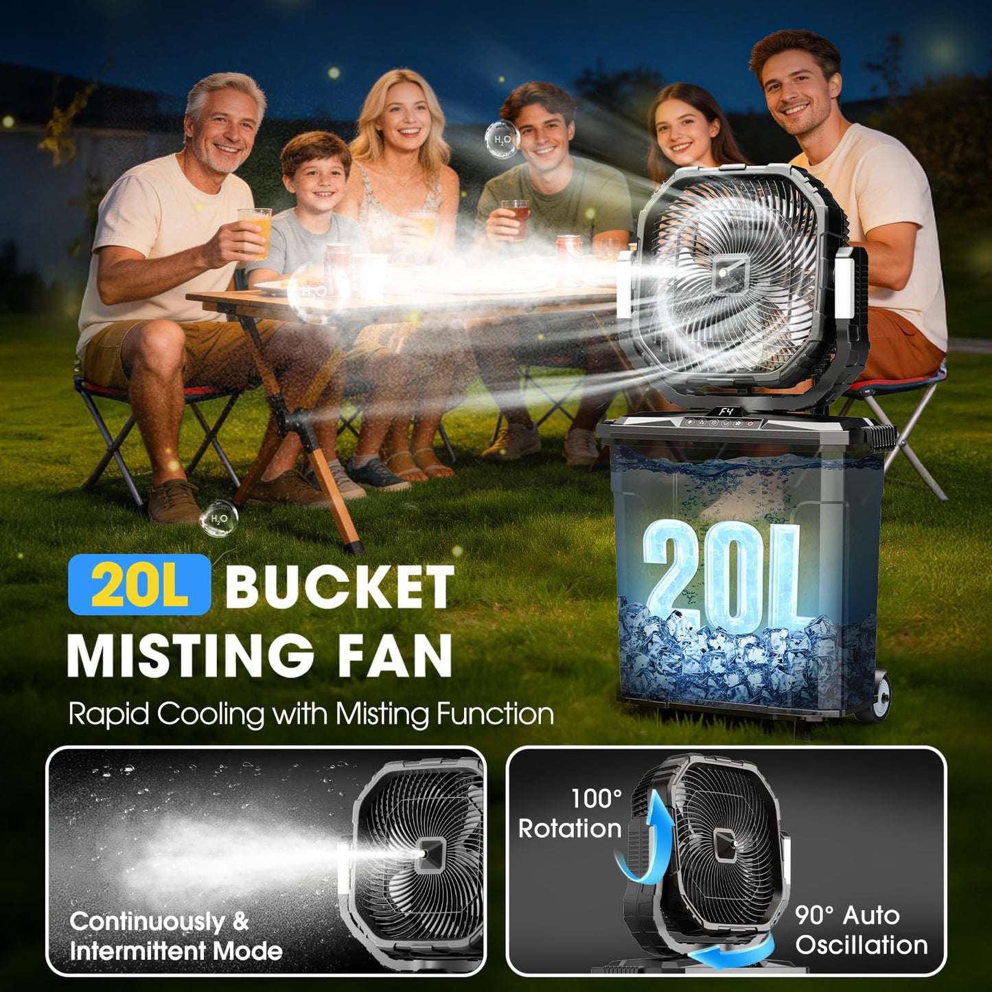 Ausic 5 Gal 12" Portable Misting Fan for Outside Patios, 30000mAh Outdoor Oscillating Rechargeable Battery Fan, Cooling Water Camping Fan with Telescopic Handle/Remote, Summer Essentials