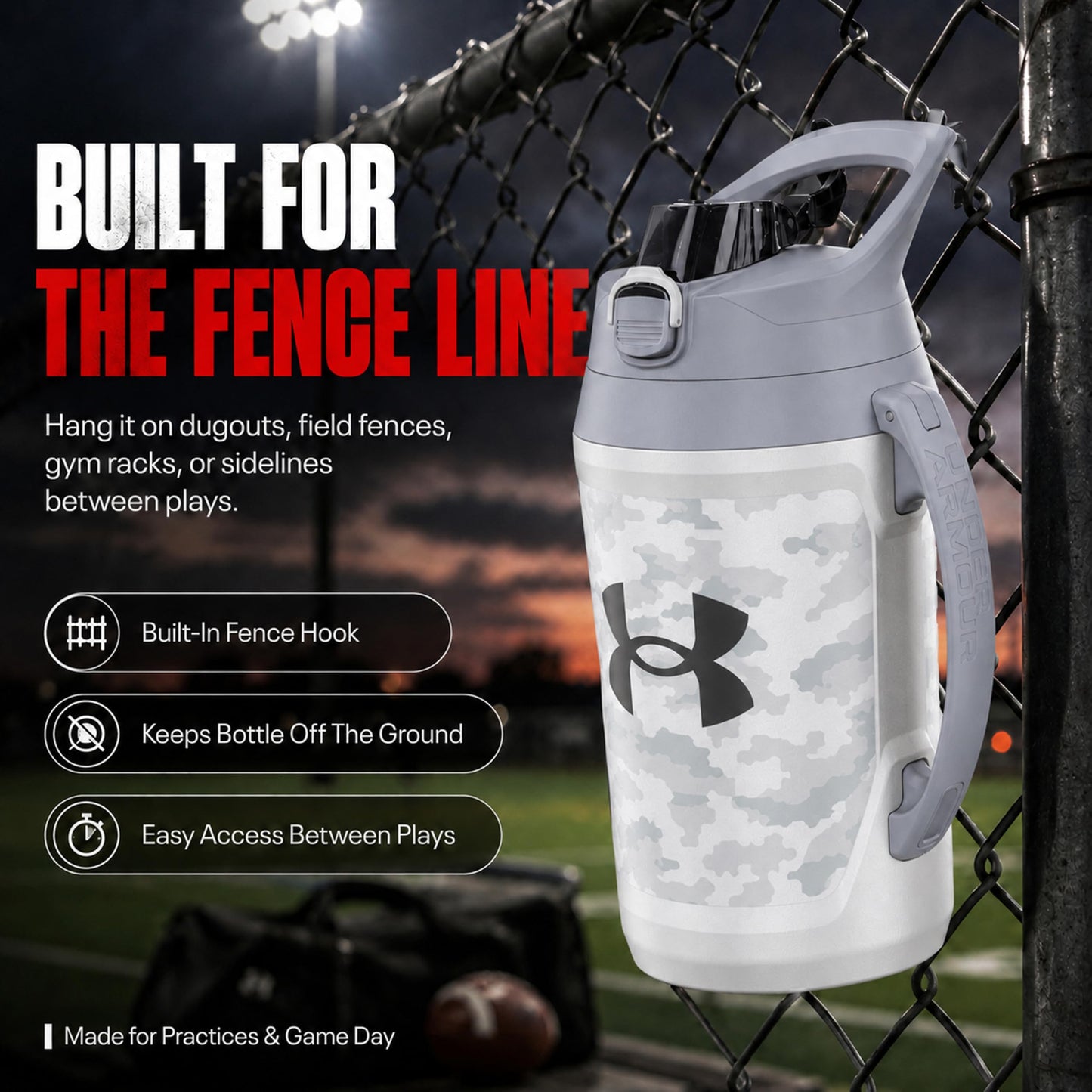 Under Armour Insulated Water Bottle with Handle & Fence Hook, Half Gallon Sports Water Jug, Leak-Resistant & BPA-Free for Baseball, Football & Gym - Black/Black, 64oz