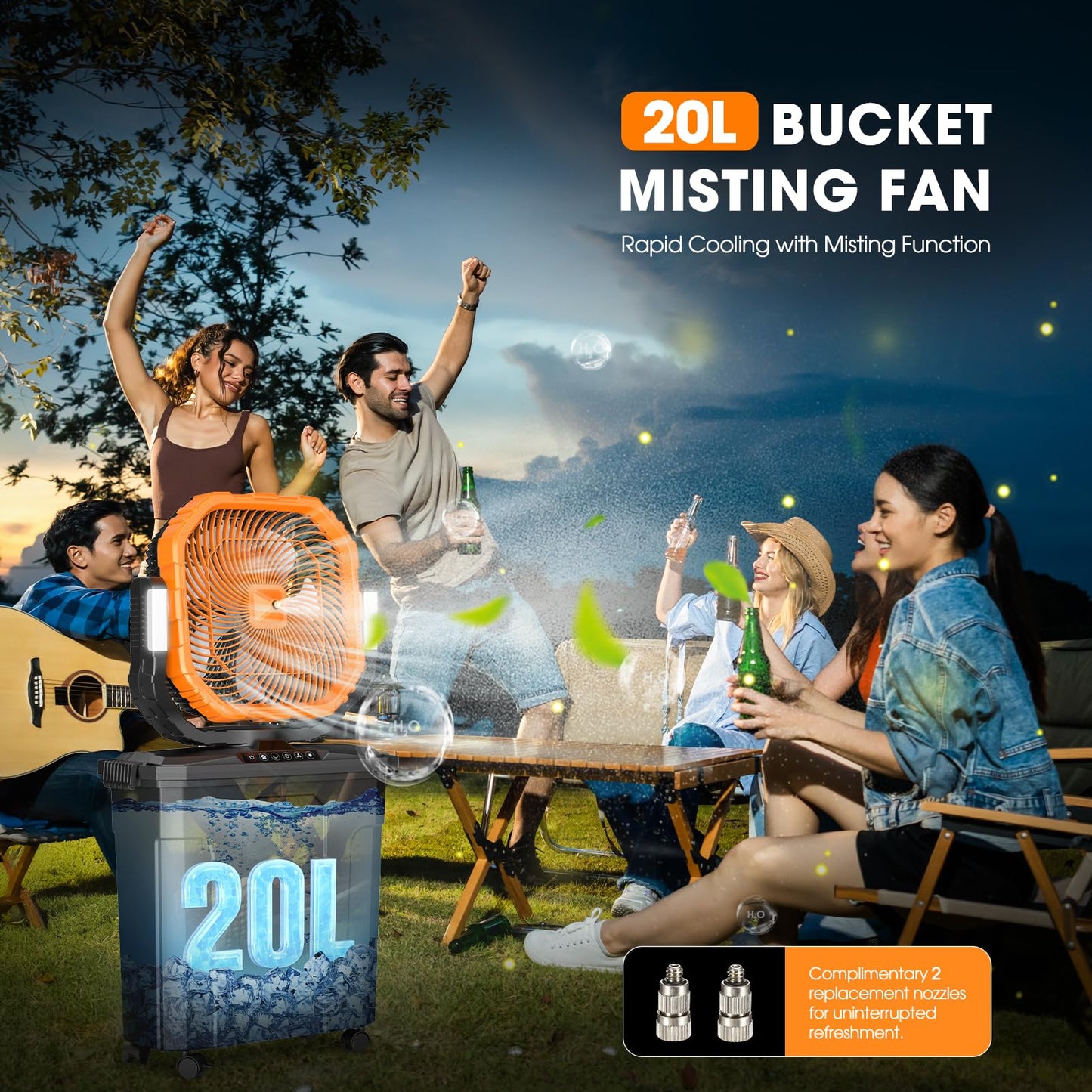 Ausic 5 Gal 12" Portable Misting Fan for Outside Patios, 30000mAh Outdoor Oscillating Rechargeable Battery Fan, Cooling Water Camping Fan with Telescopic Handle/Remote, Summer Essentials