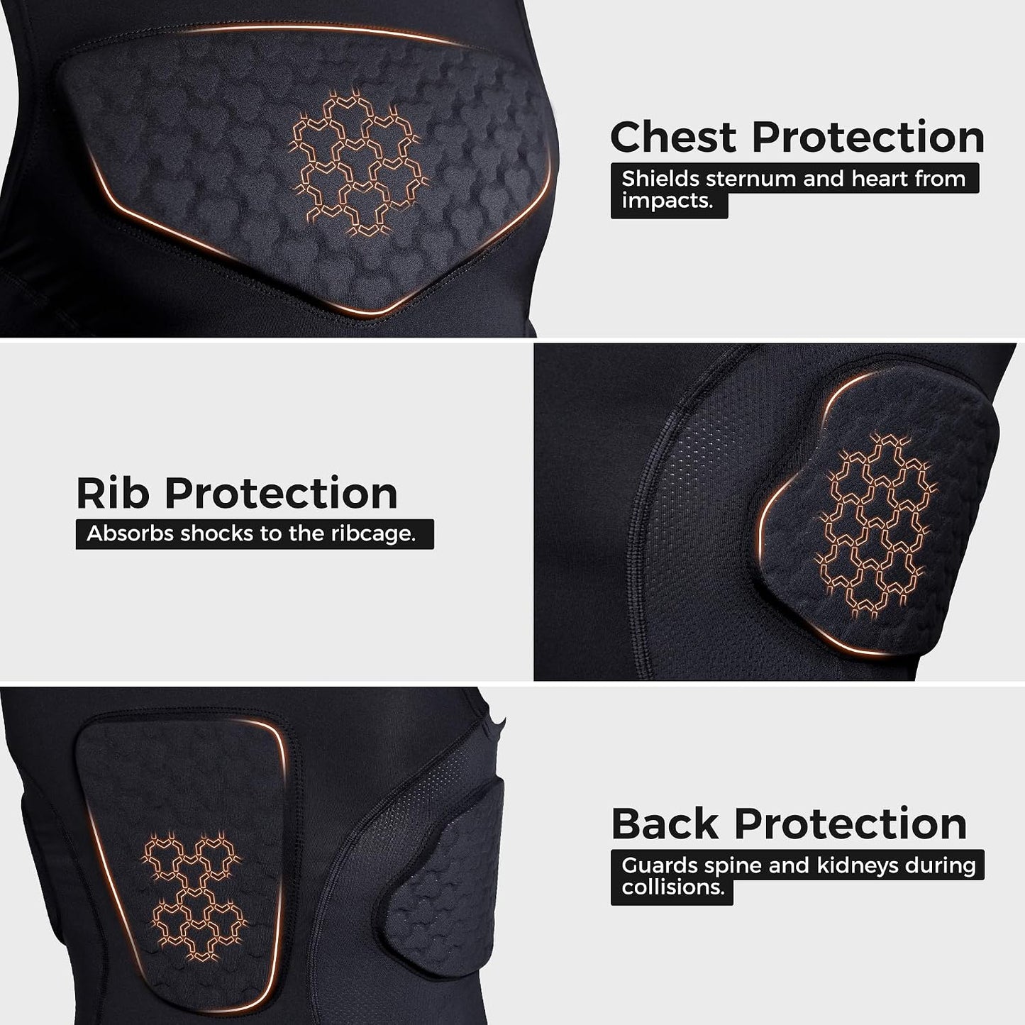 COOLOMG Youth Padded Football Shirt Chest Rib Protector | Football Compression Undershirt Back Protection