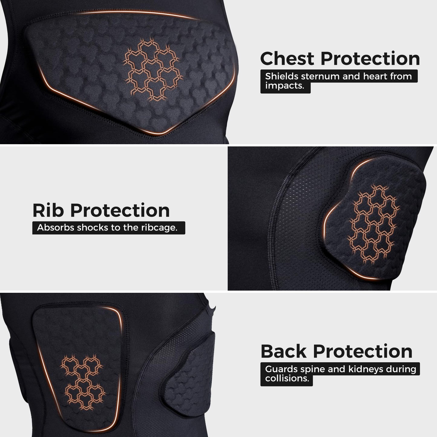 COOLOMG Youth Padded Football Shirt Chest Rib Protector | Football Compression Undershirt Back Protection