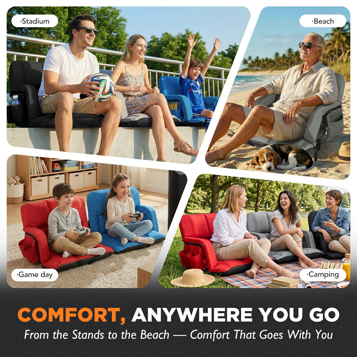 Stadium Seats with Back Support 2 Pack, 12-Grid Ergonomic 4.7" Thick Bleacher Chairs for All-Day Comfort, 6 Reclining Positions, Portable Extra Wide Adjustable Stadium Chair for Football & Baseball