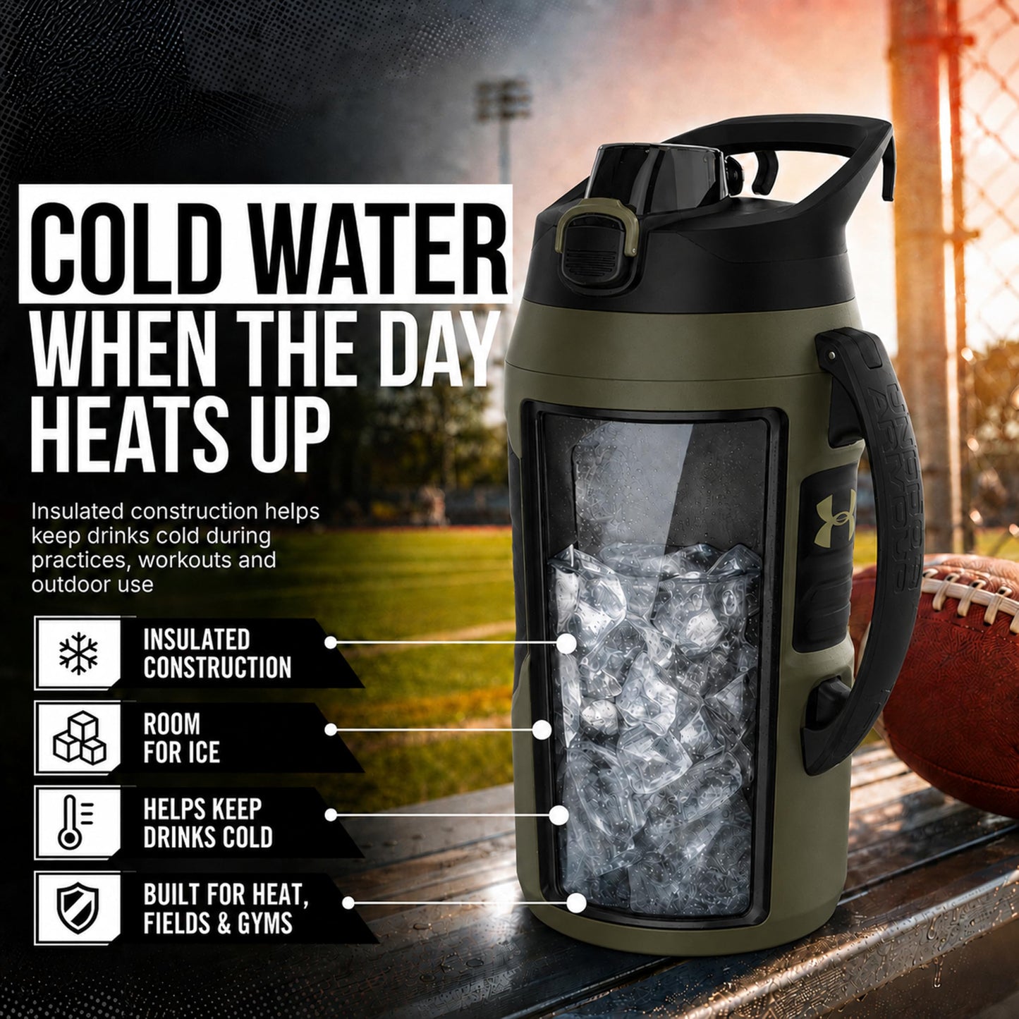Under Armour Insulated Water Bottle with Handle & Fence Hook, Half Gallon Sports Water Jug, Leak-Resistant & BPA-Free for Baseball, Football & Gym - Black/Black, 64oz