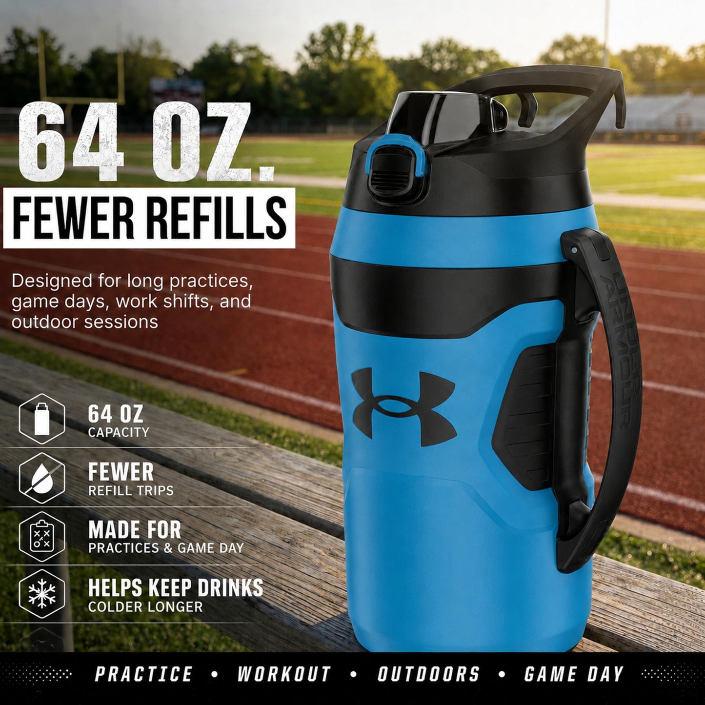 Under Armour Insulated Water Bottle with Handle & Fence Hook, Half Gallon Sports Water Jug, Leak-Resistant & BPA-Free for Baseball, Football & Gym - Black/Black, 64oz