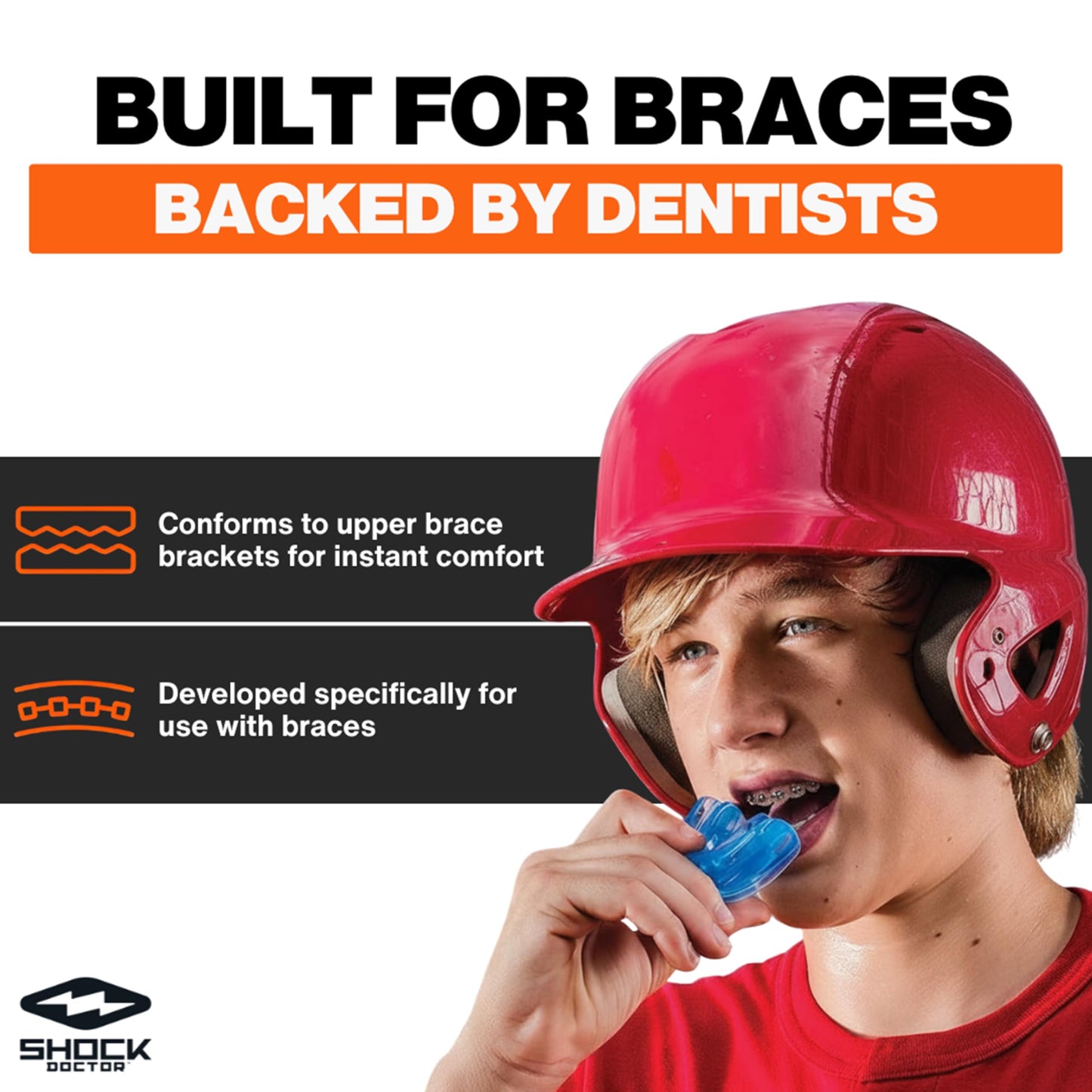 Shock Doctor Braces Football Mouth Guard, Upper & Lower Teeth Protection, Adult/Youth Sizes with Helmet Strap, Mouthguard for Sports, Football, Hockey, Lacrosse, Baseball, Wrestling, More