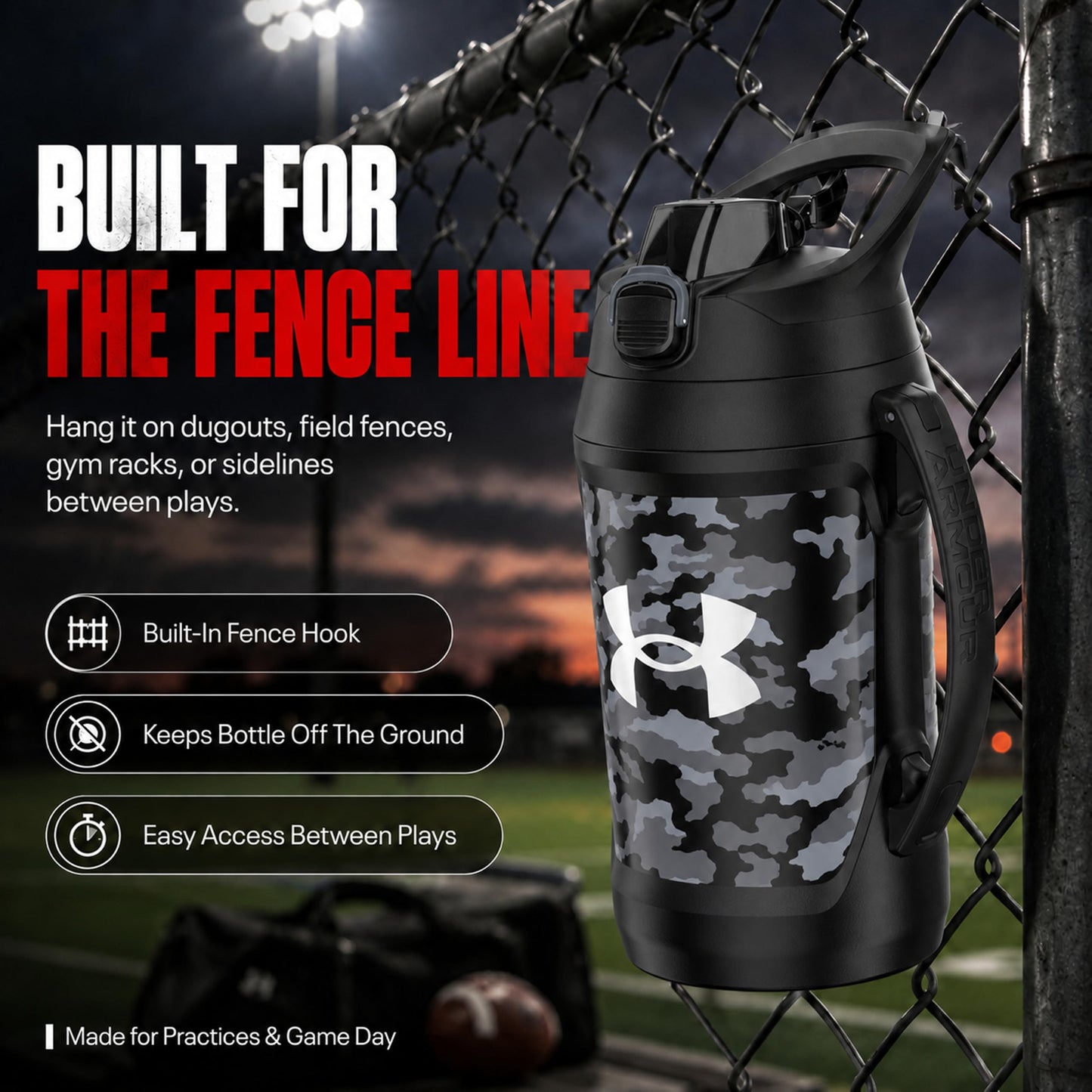 Under Armour Insulated Water Bottle with Handle & Fence Hook, Half Gallon Sports Water Jug, Leak-Resistant & BPA-Free for Baseball, Football & Gym - Black/Black, 64oz