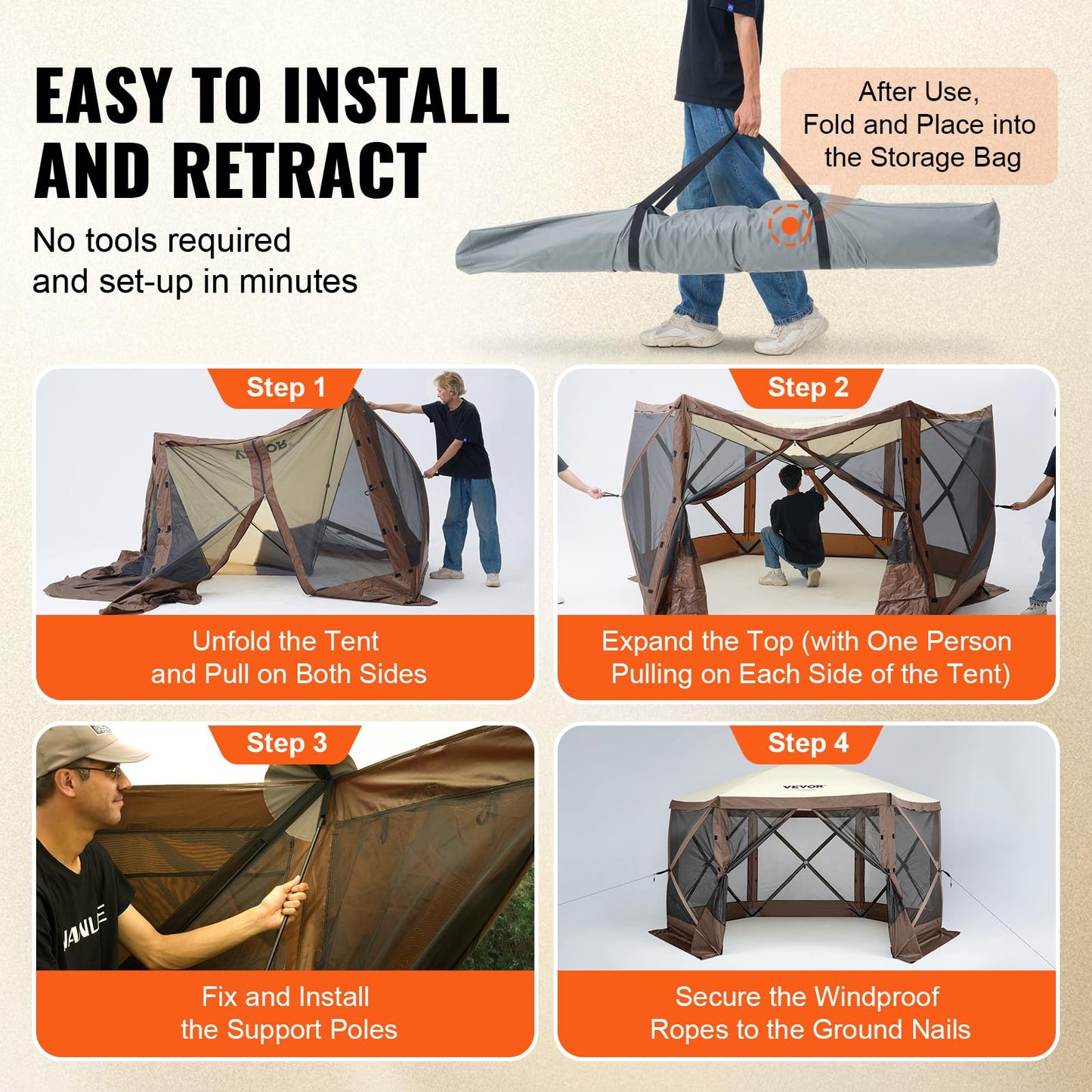 VEVOR Pop Up Gazebo Screen Tent 6 Sided Canopy Sun Shelter with 6 Removable Privacy Wind Cloths & Mesh Windows, 10x10FT Quick Set Screen Tent with Mosquito Netting, Army Green