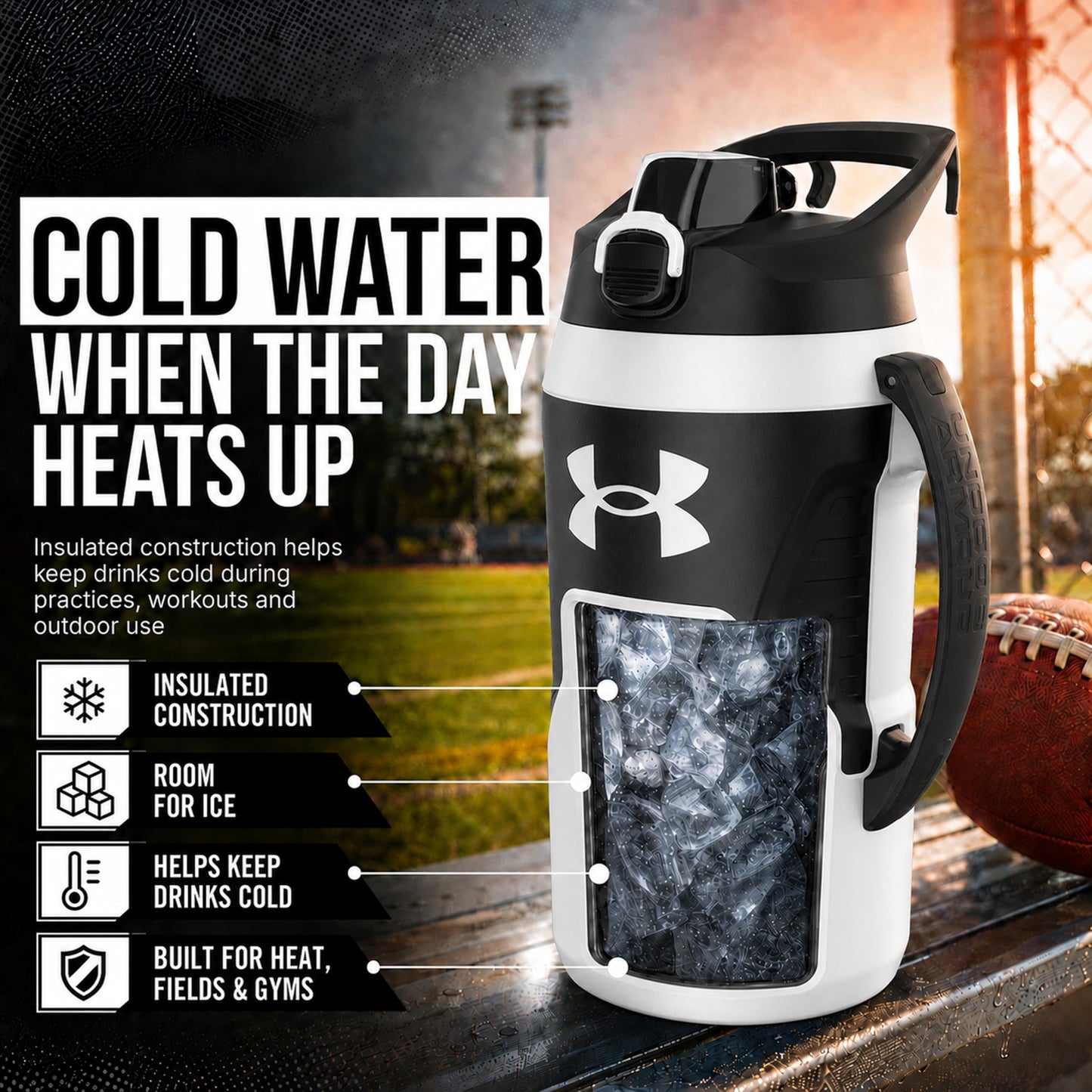 Under Armour Insulated Water Bottle with Handle & Fence Hook, Half Gallon Sports Water Jug, Leak-Resistant & BPA-Free for Baseball, Football & Gym - Black/Black, 64oz