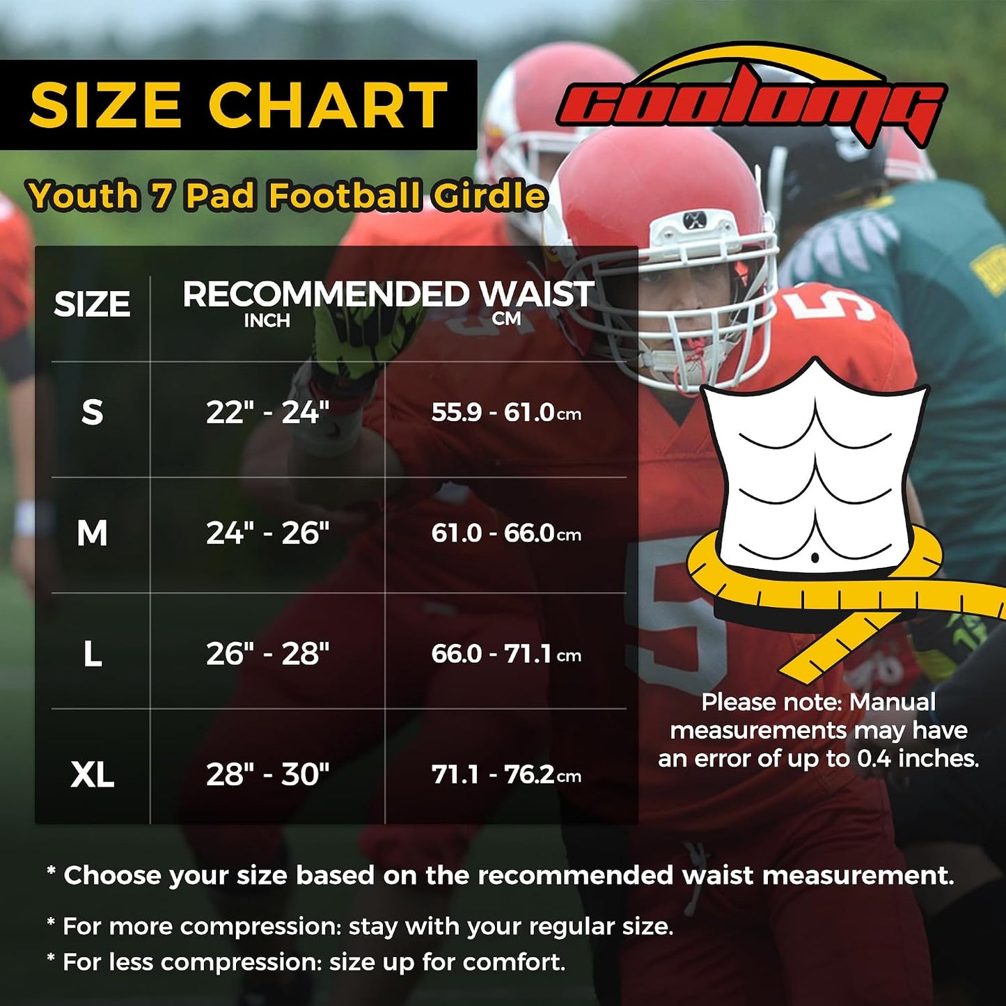 COOLOMG Youth Girdle Football 7-Pad for Knee Thigh Hip Tailbone Protection | Boys Football Padded Compression Girdle Shorts with Knee Pads