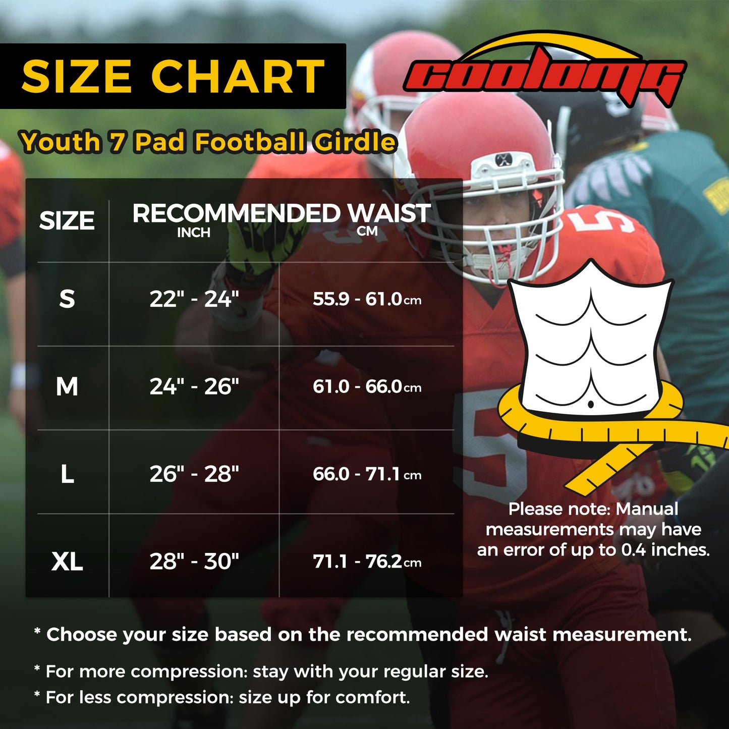 COOLOMG Youth Girdle Football 7-Pad for Knee Thigh Hip Tailbone Protection | Boys Football Padded Compression Girdle Shorts with Knee Pads