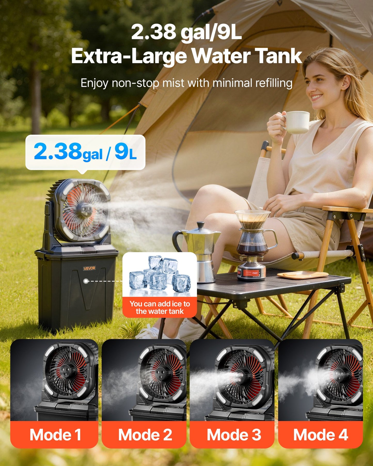 Misting Fan, More Than 2700RPM Motor Mister Fan, Mister Cooling Fans With 2.38 Gal Water Tank, 10000mAh Battery, 4-Speed Wind & 5 Lighting Modes, Water Cooling Fans For Indoor, Outdoor, Patio