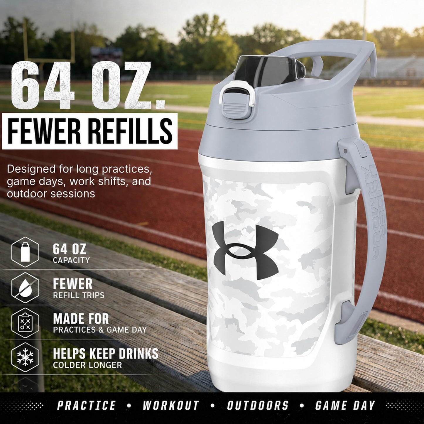 Under Armour Insulated Water Bottle with Handle & Fence Hook, Half Gallon Sports Water Jug, Leak-Resistant & BPA-Free for Baseball, Football & Gym - Black/Black, 64oz