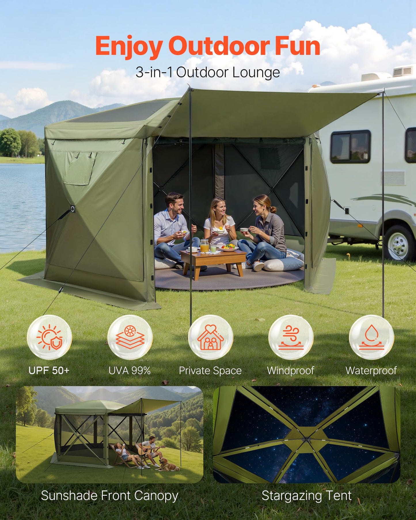 VEVOR Pop Up Gazebo Screen Tent 6 Sided Canopy Sun Shelter with 6 Removable Privacy Wind Cloths & Mesh Windows, 10x10FT Quick Set Screen Tent with Mosquito Netting, Army Green