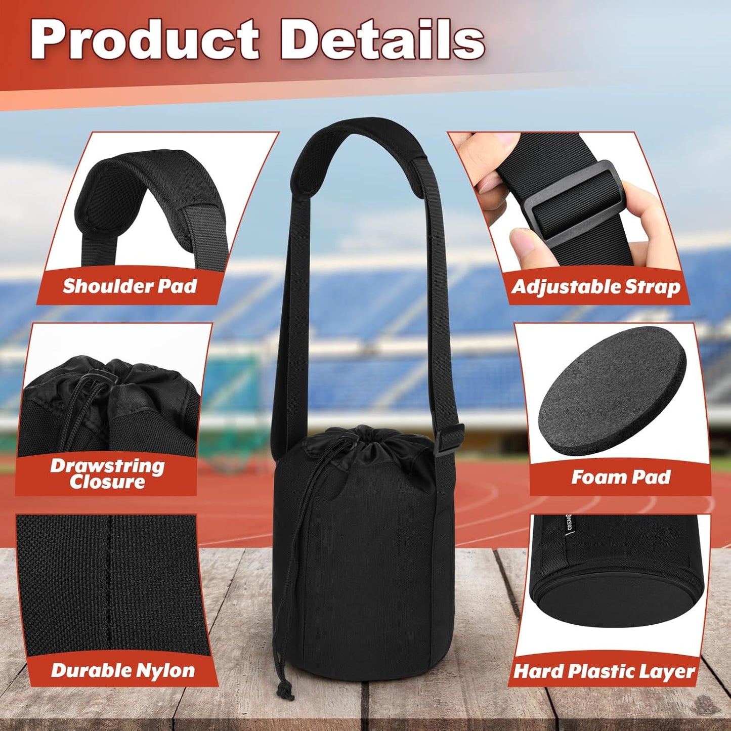 Cosmos Shot Put Carry Bag - Portable Shoulder Bag with Adjustable Strap and Foam Pad for Carrying Single Shot Put Ball from 6 LBS to 16 LBS
