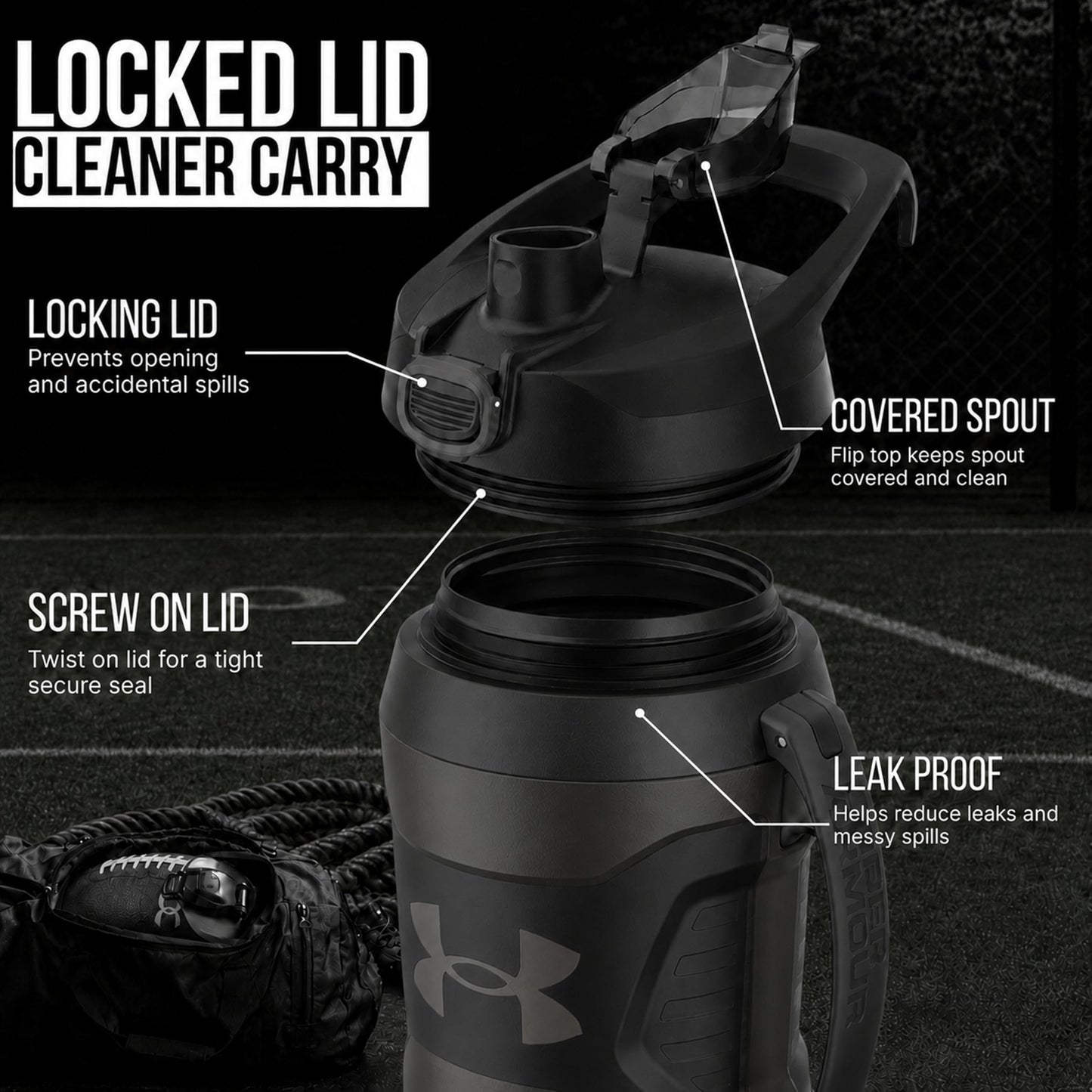 Under Armour Insulated Water Bottle with Handle & Fence Hook, Half Gallon Sports Water Jug, Leak-Resistant & BPA-Free for Baseball, Football & Gym - Black/Black, 64oz