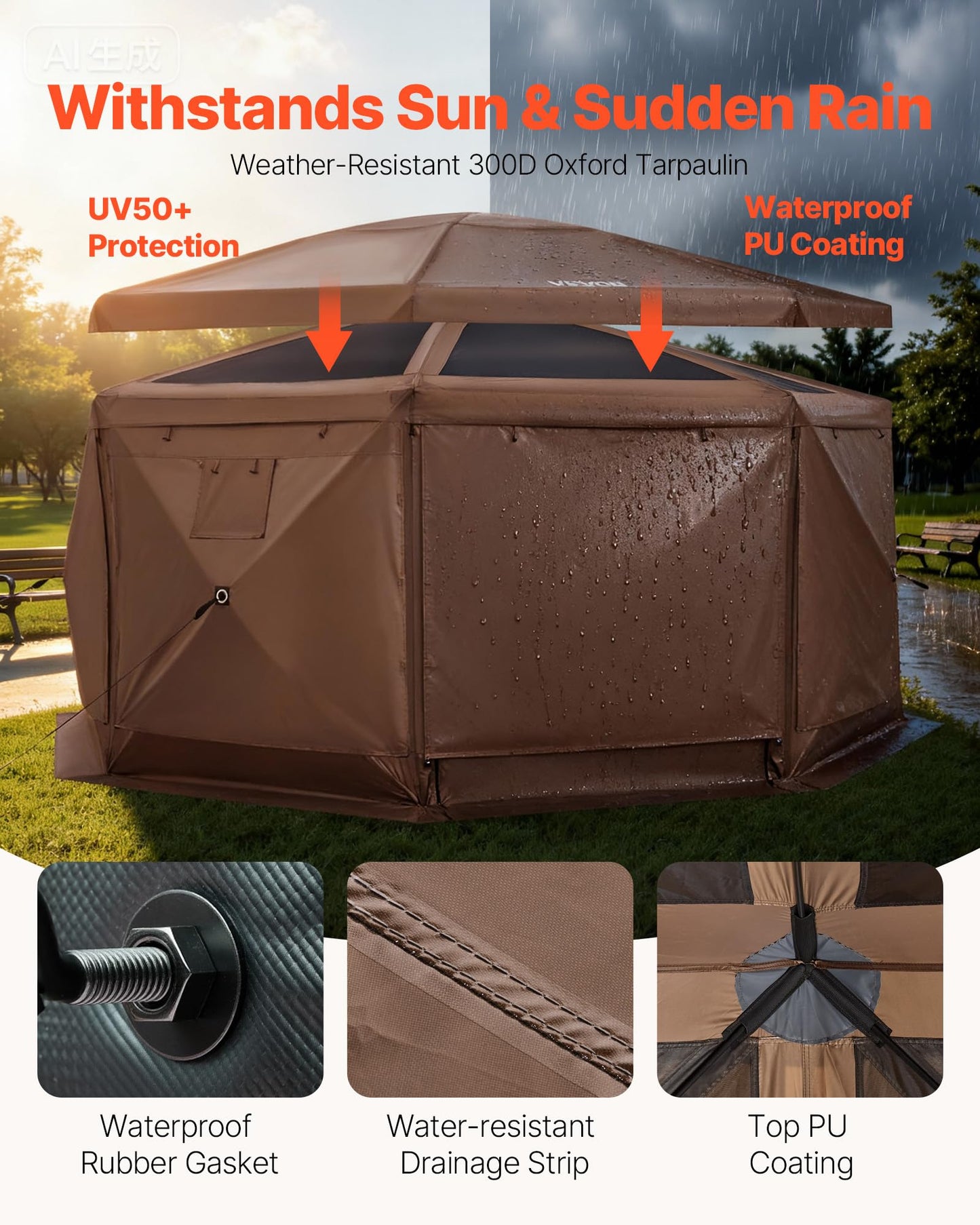 VEVOR Pop Up Gazebo Screen Tent 6 Sided Canopy Sun Shelter with 6 Removable Privacy Wind Cloths & Mesh Windows, 10x10FT Quick Set Screen Tent with Mosquito Netting, Army Green