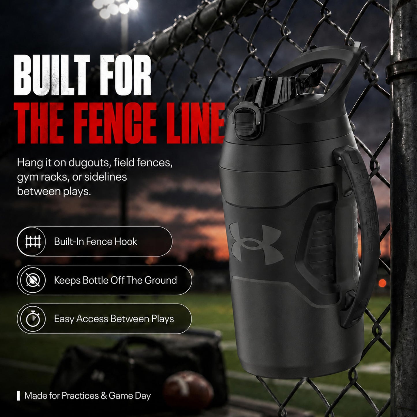 Under Armour Insulated Water Bottle with Handle & Fence Hook, Half Gallon Sports Water Jug, Leak-Resistant & BPA-Free for Baseball, Football & Gym - Black/Black, 64oz