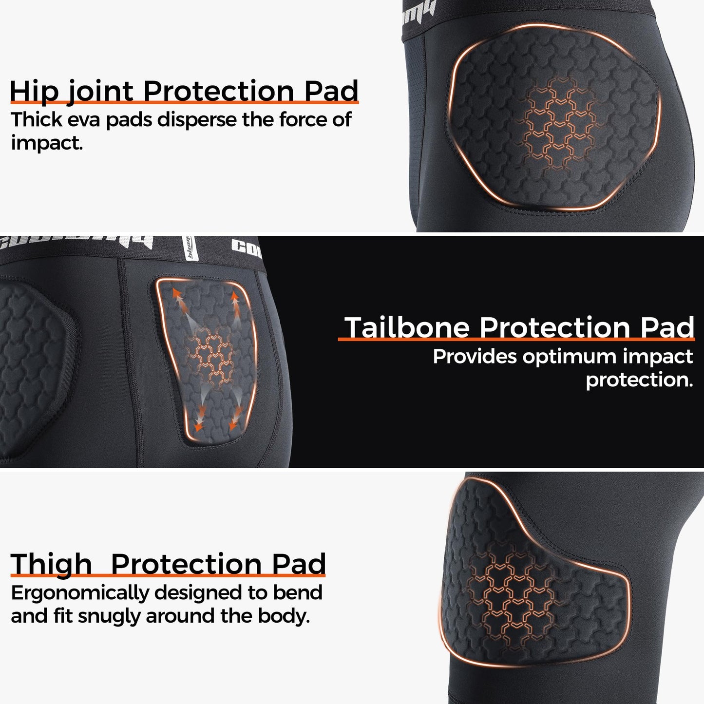 COOLOMG Youth Football Girdle 5-Pad Integrated Hip Thigh Tailbone Pads | Boys Football Padded Compression Shorts with Cup Pocket