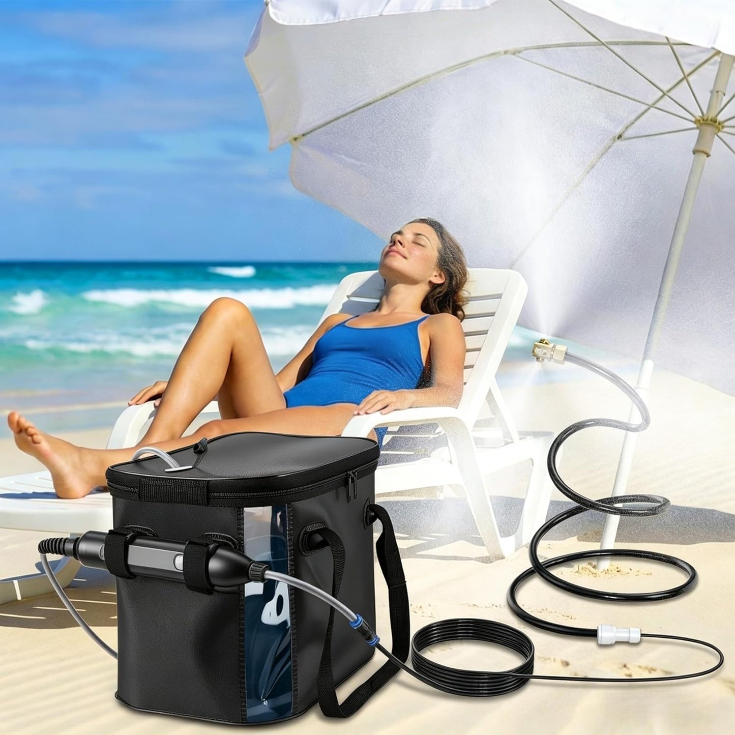Neitra Portable Outdoor Backyard Misting Systems/Cooling Standing Misters for Outside Patio | 5000Mah Water Pump,20L Bucket, 9.8FT Hose & 8.2FT Cobra Mist Stand, Beach/Umbrella/Poultry/Golf Cart/Camping