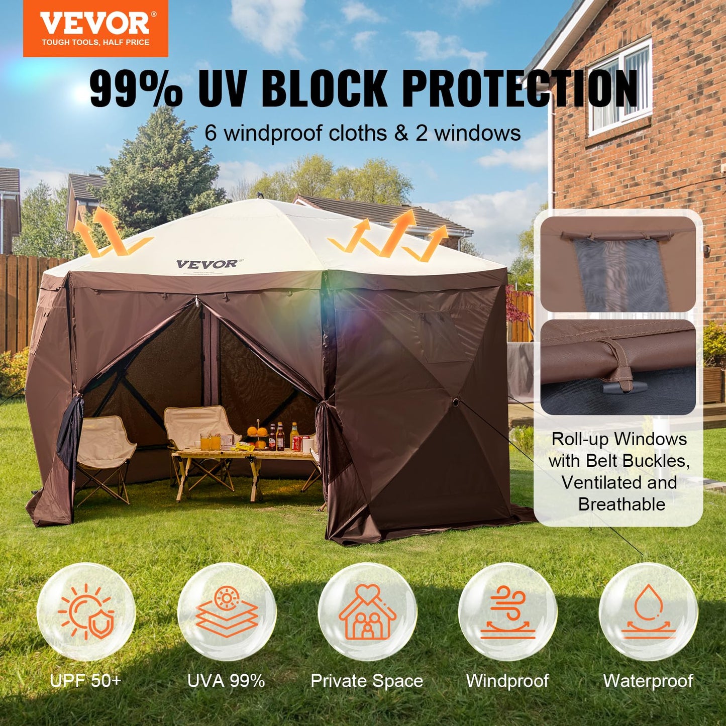 VEVOR Pop Up Gazebo Screen Tent 6 Sided Canopy Sun Shelter with 6 Removable Privacy Wind Cloths & Mesh Windows, 10x10FT Quick Set Screen Tent with Mosquito Netting, Army Green