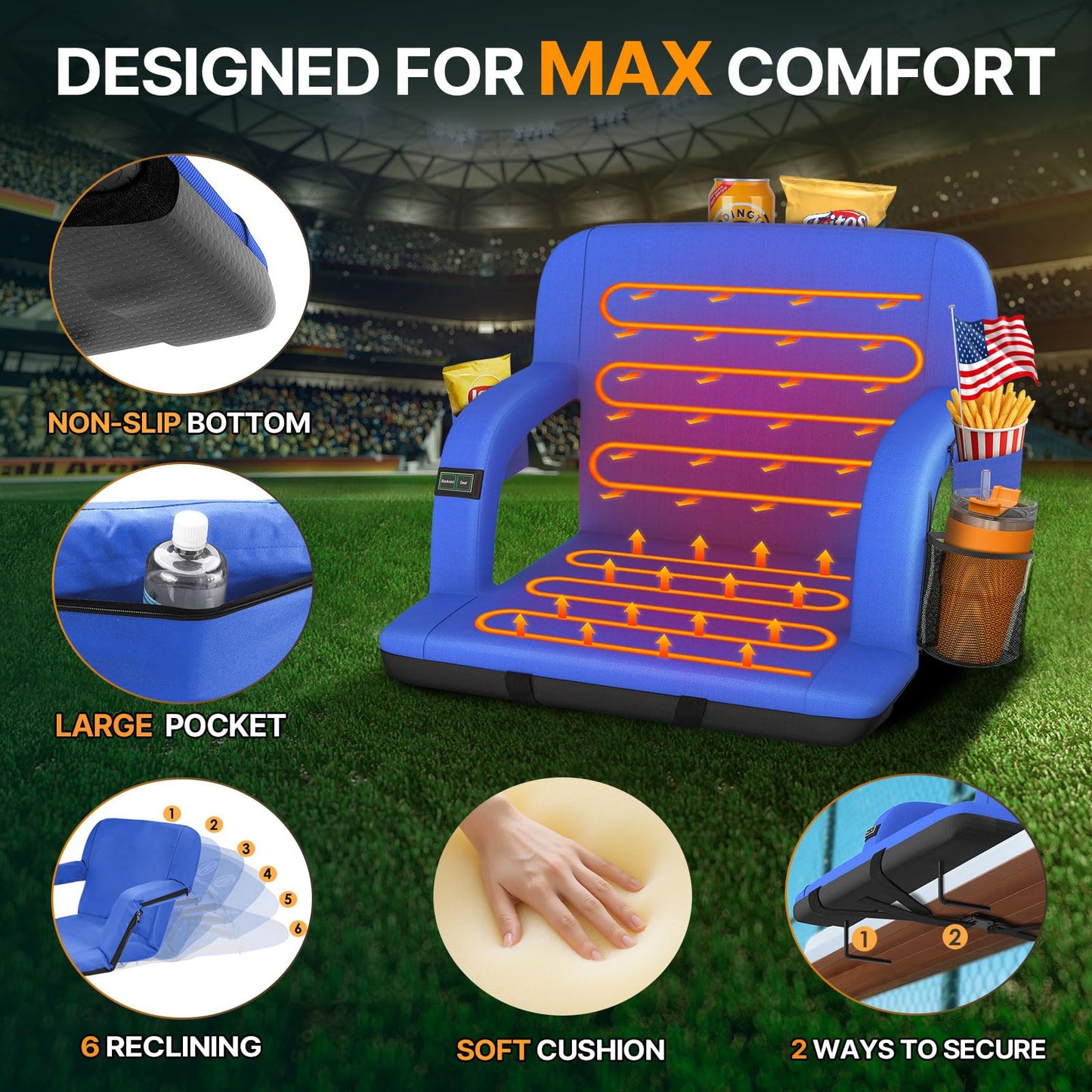 HOPERAN 23" 2pcs Dual-Sided Heated Stadium Seats for Bleachers with Back Support, 3 Levels Heating Stadium Seating for Bleachers Seat with Backrest, 5 Pockets Portable Stadium Chair for Outdoor