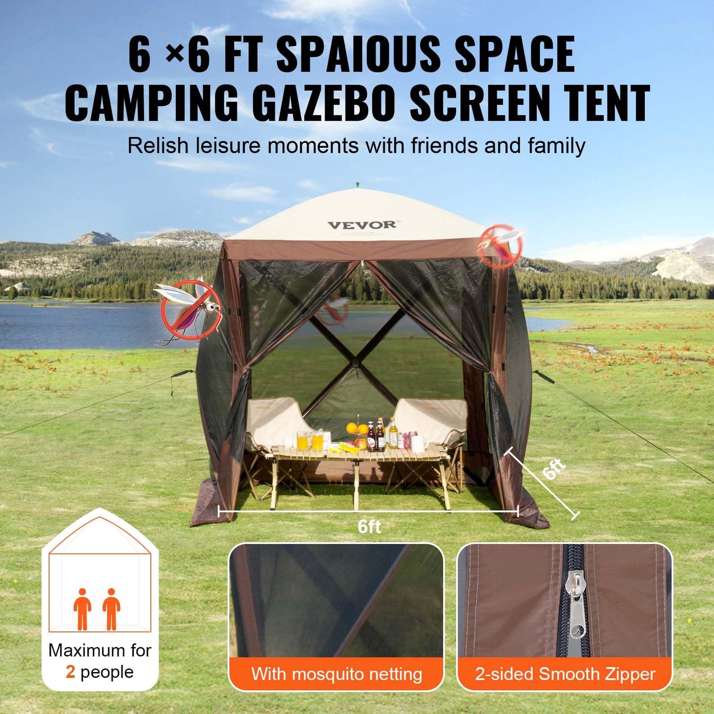 VEVOR Pop Up Gazebo Screen Tent 6 Sided Canopy Sun Shelter with 6 Removable Privacy Wind Cloths & Mesh Windows, 10x10FT Quick Set Screen Tent with Mosquito Netting, Army Green