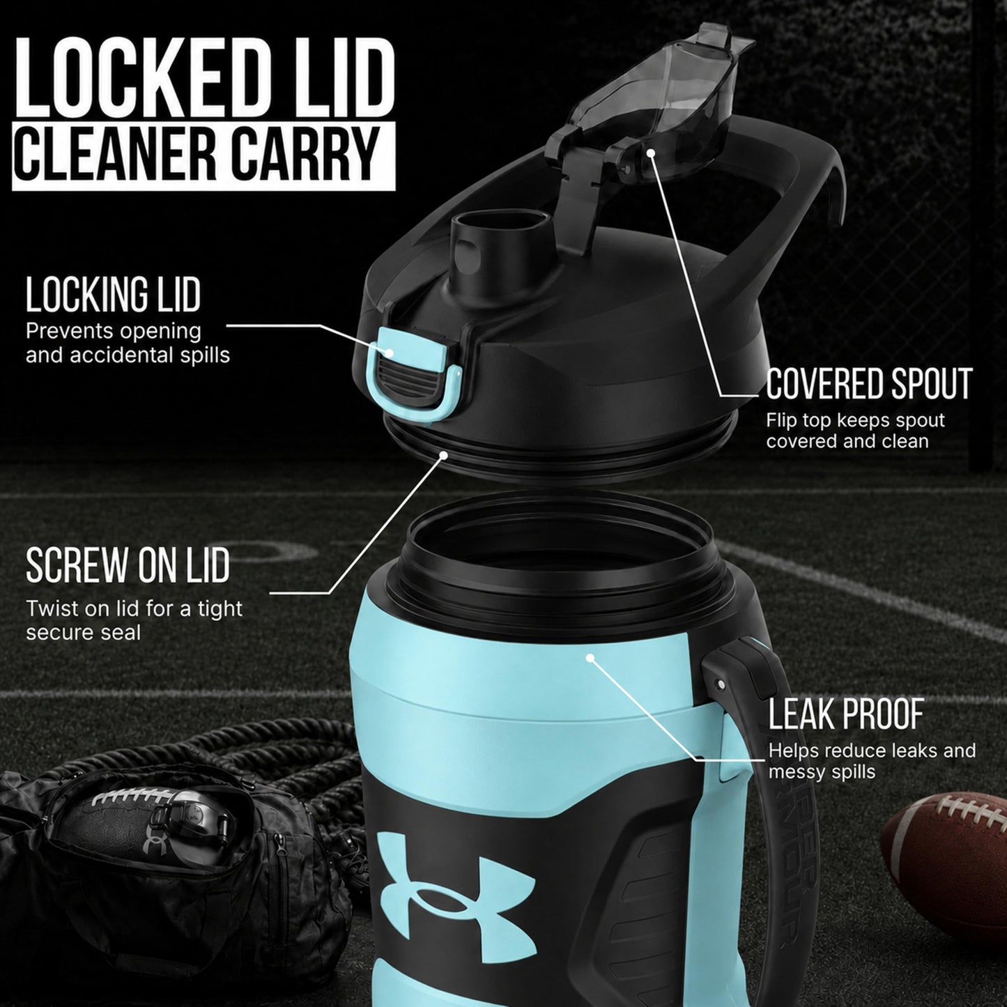 Under Armour Insulated Water Bottle with Handle & Fence Hook, Half Gallon Sports Water Jug, Leak-Resistant & BPA-Free for Baseball, Football & Gym - Black/Black, 64oz