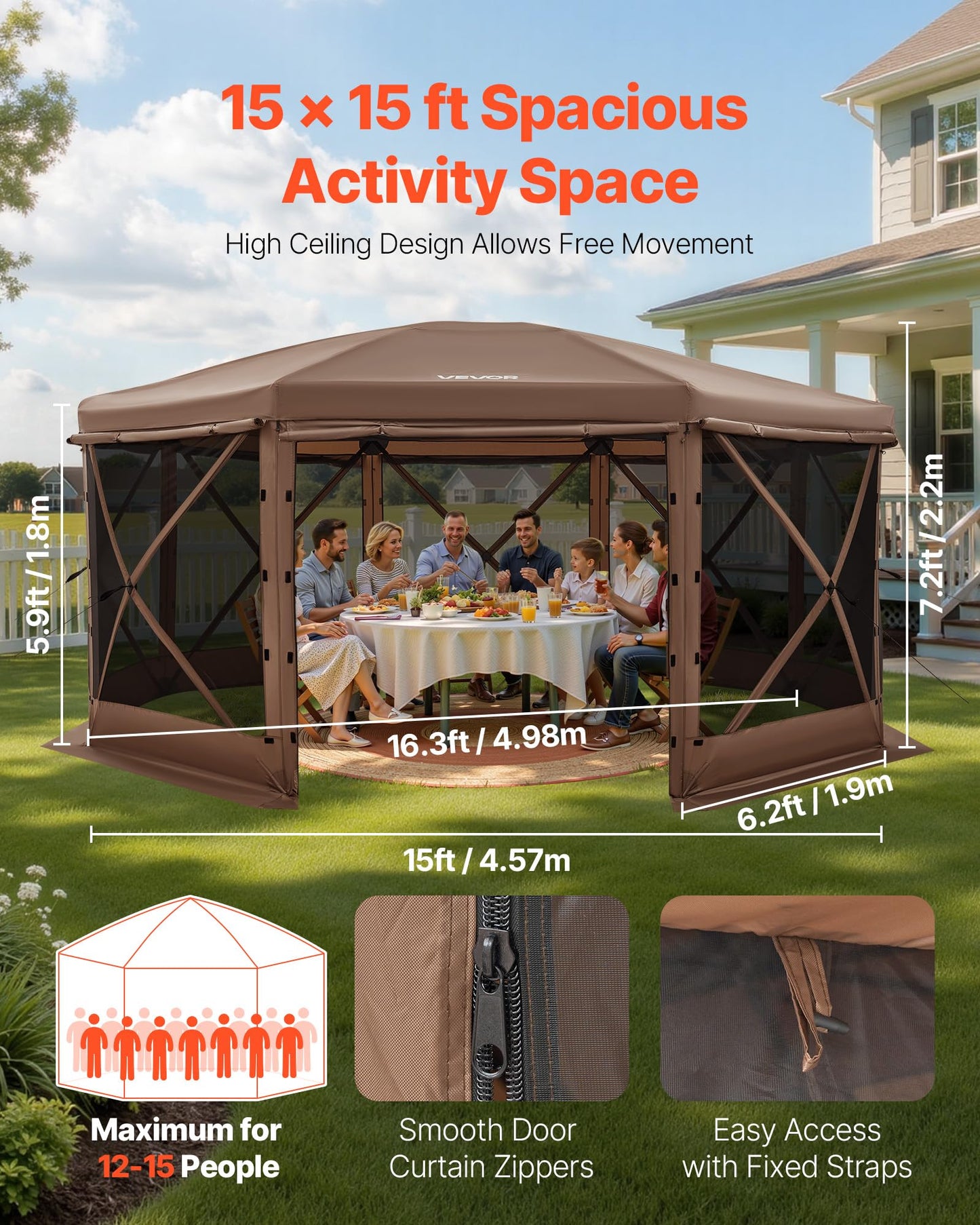 VEVOR Pop Up Gazebo Screen Tent 6 Sided Canopy Sun Shelter with 6 Removable Privacy Wind Cloths & Mesh Windows, 10x10FT Quick Set Screen Tent with Mosquito Netting, Army Green