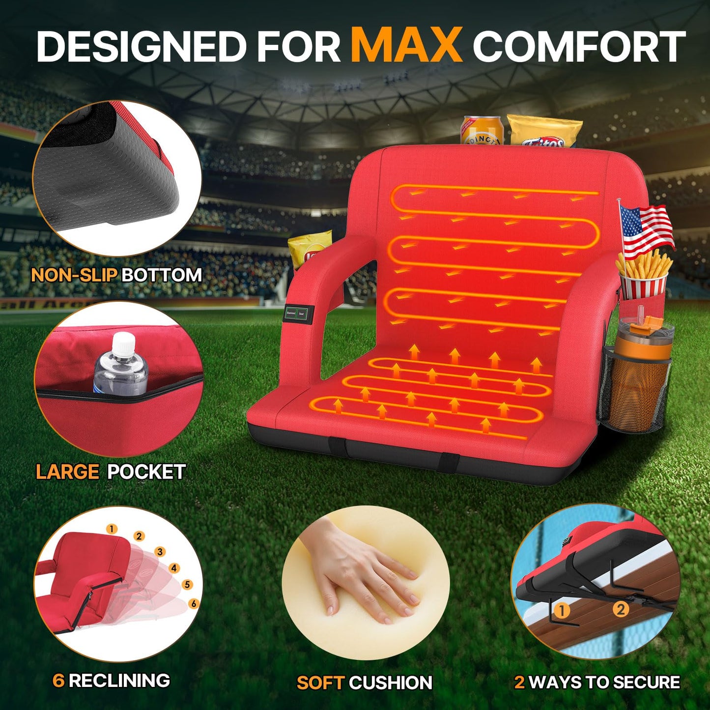 HOPERAN 23" 2pcs Dual-Sided Heated Stadium Seats for Bleachers with Back Support, 3 Levels Heating Stadium Seating for Bleachers Seat with Backrest, 5 Pockets Portable Stadium Chair for Outdoor