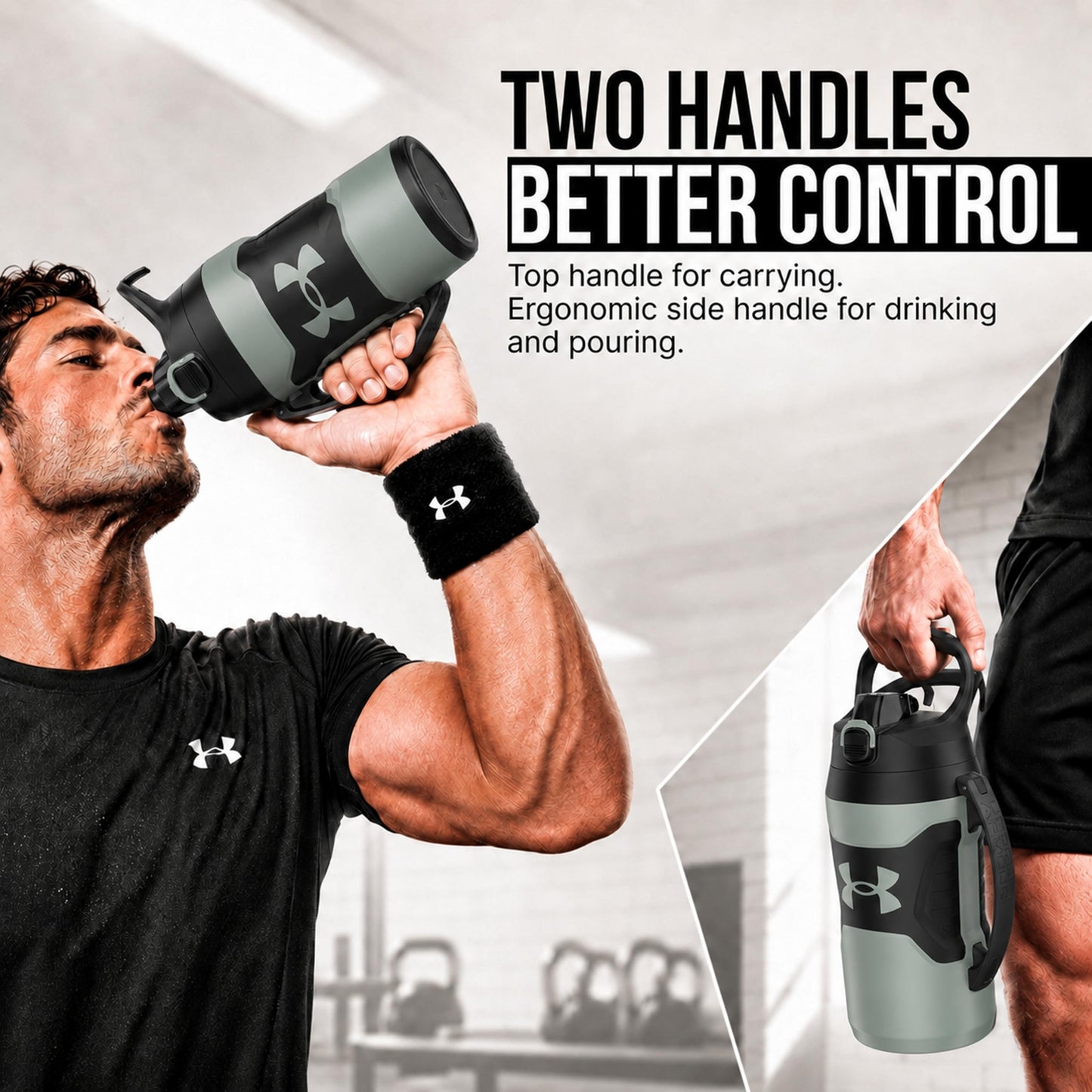 Under Armour Insulated Water Bottle with Handle & Fence Hook, Half Gallon Sports Water Jug, Leak-Resistant & BPA-Free for Baseball, Football & Gym - Black/Black, 64oz