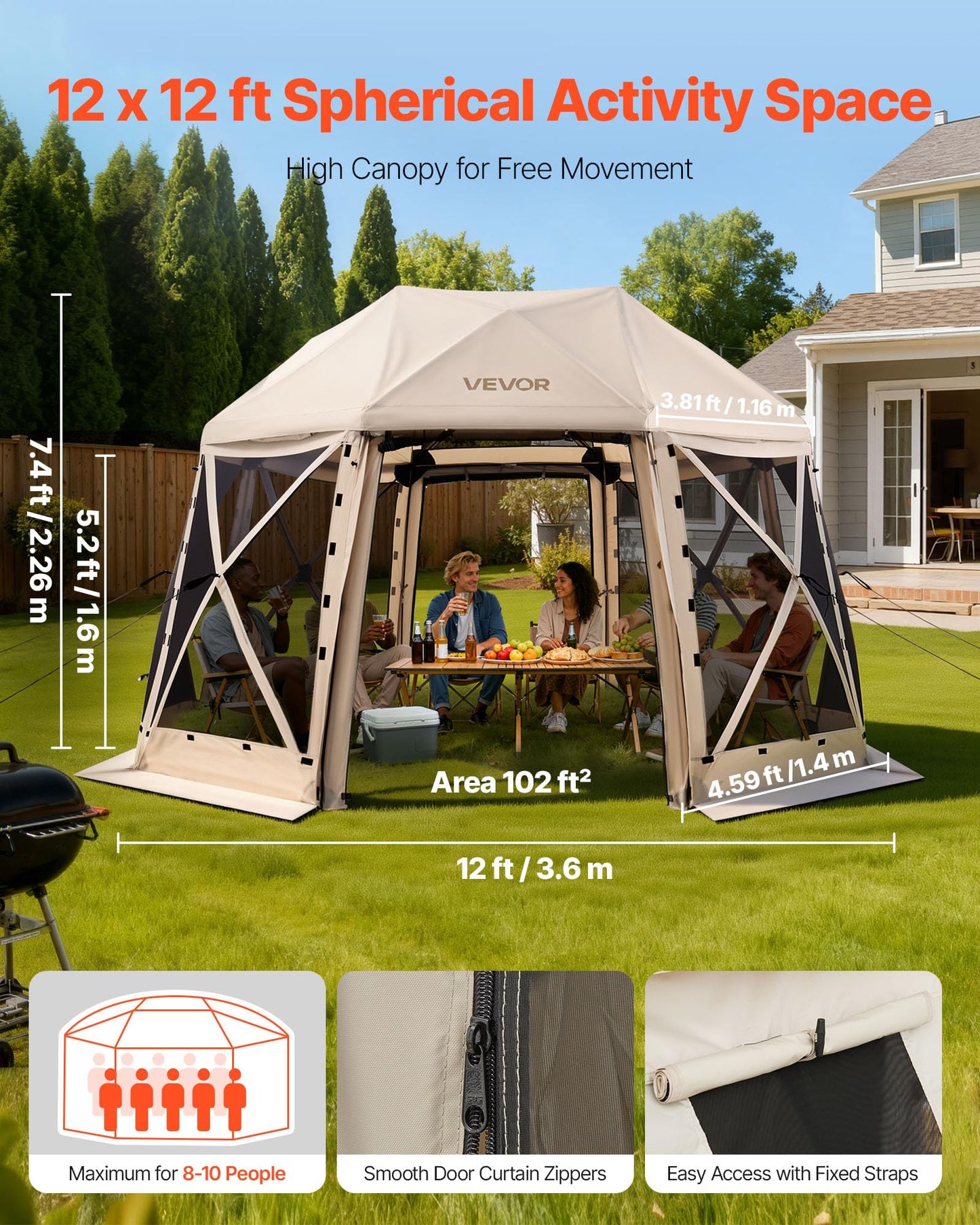VEVOR Pop Up Gazebo Screen Tent 6 Sided Canopy Sun Shelter with 6 Removable Privacy Wind Cloths & Mesh Windows, 10x10FT Quick Set Screen Tent with Mosquito Netting, Army Green